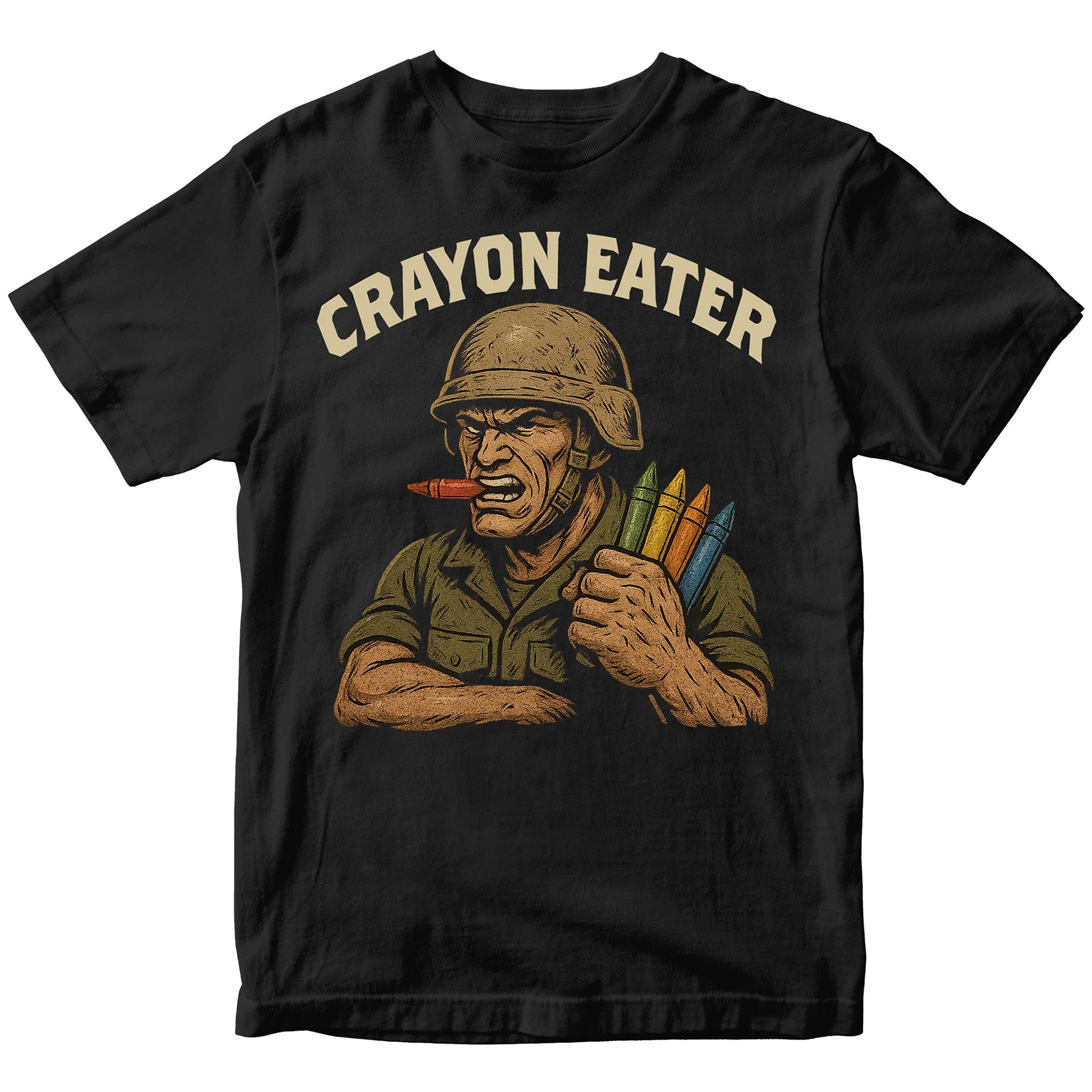 Marines Crayon Eater T-Shirt with cartoon soldier and crayon graphic. USMC Crayon meme tee