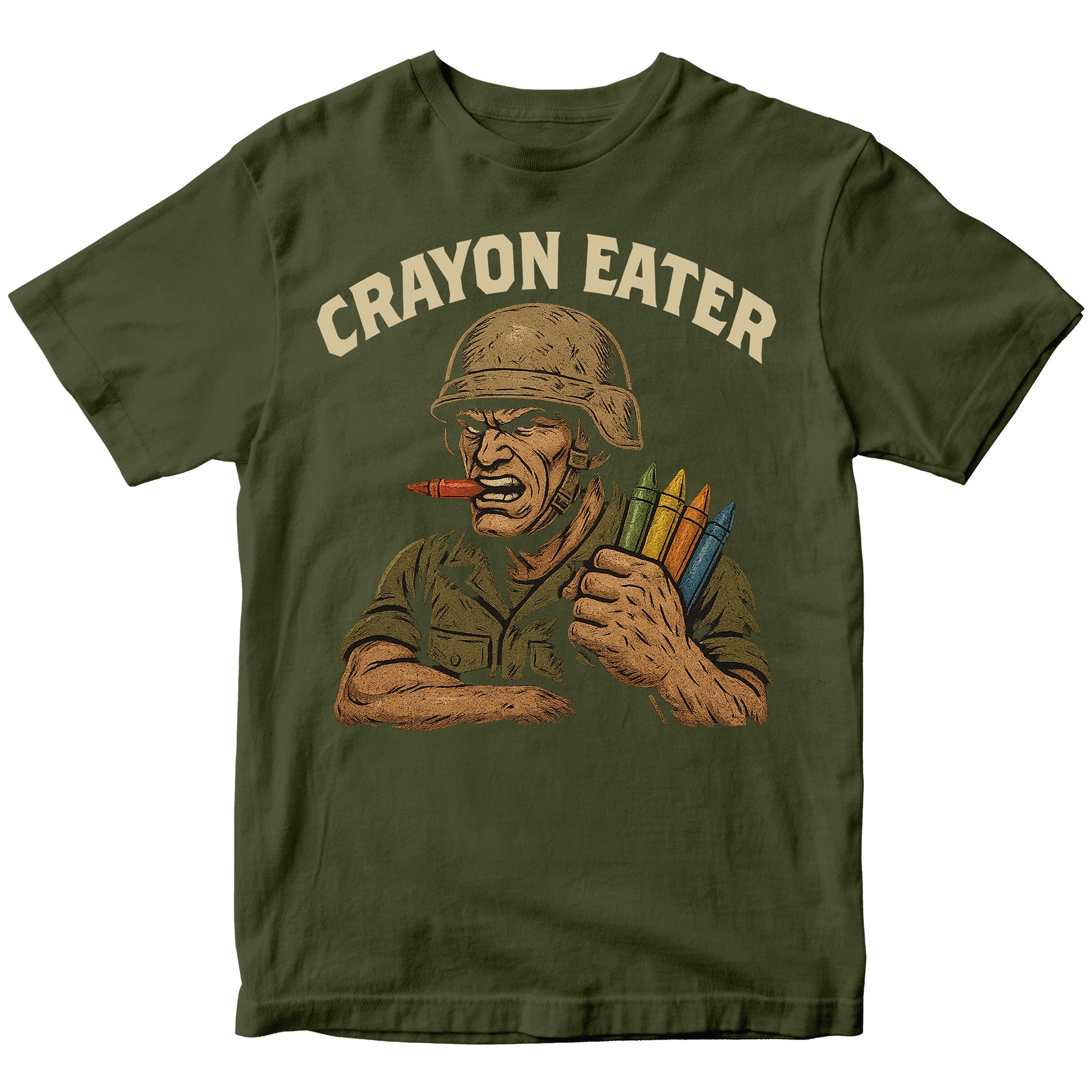 Marines Crayon Eater T-Shirt with cartoon soldier and crayon graphic. USMC Crayon meme tee
