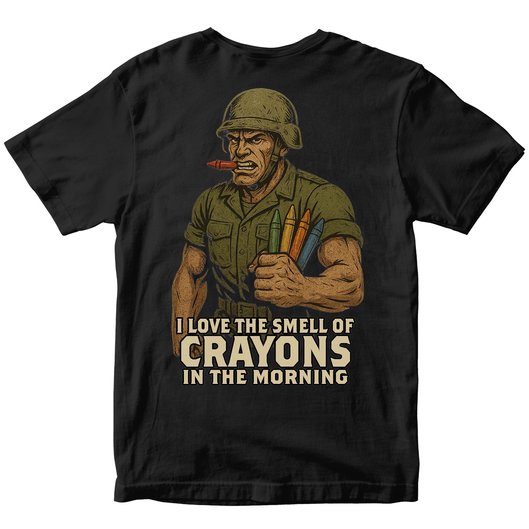 Marines Crayon Meme T-Shirt with cartoon soldier and crayon graphic.