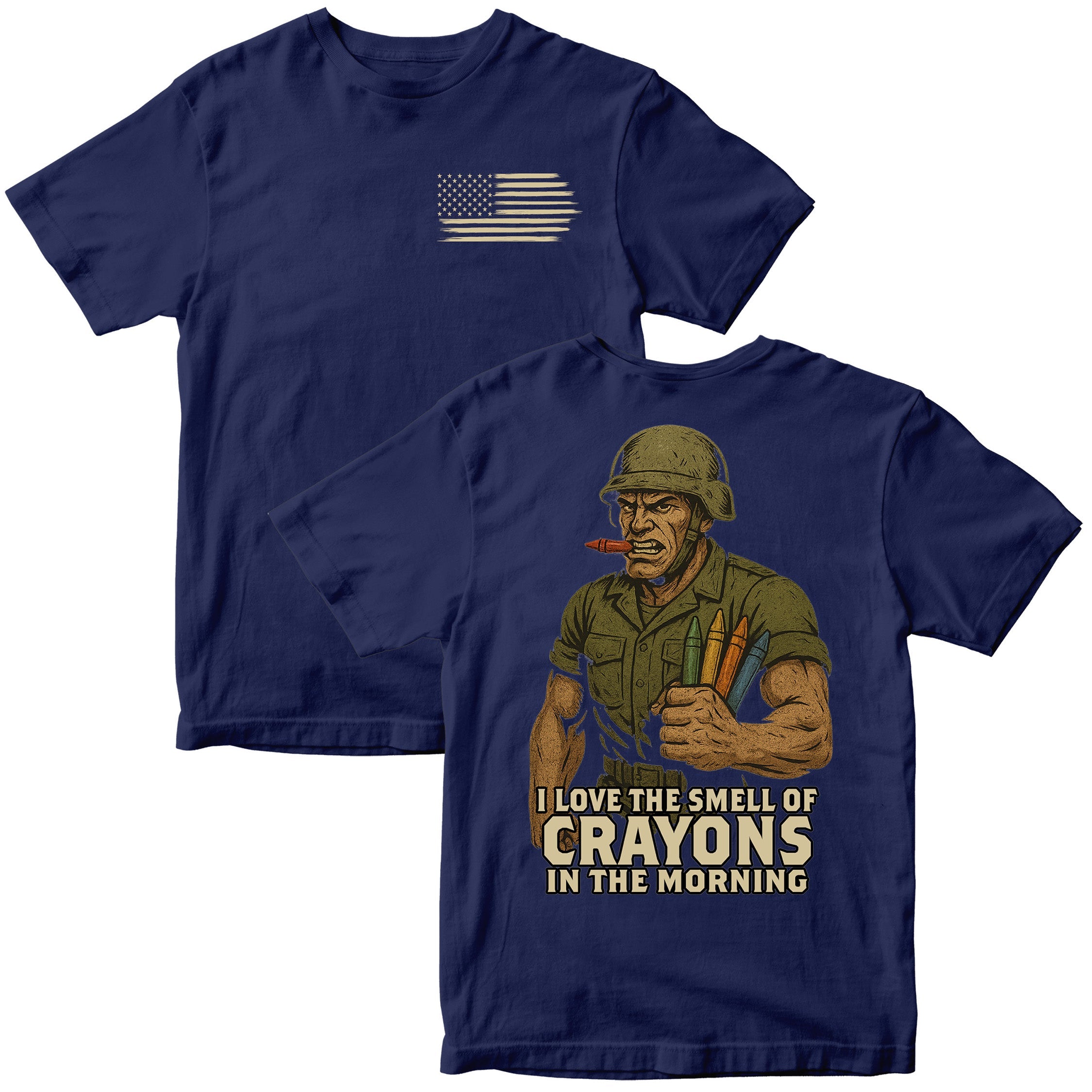 Marines Crayon Meme T-Shirt with cartoon soldier and crayon graphic. Distressed American Flag Chest Seal on Navy Blue Tee