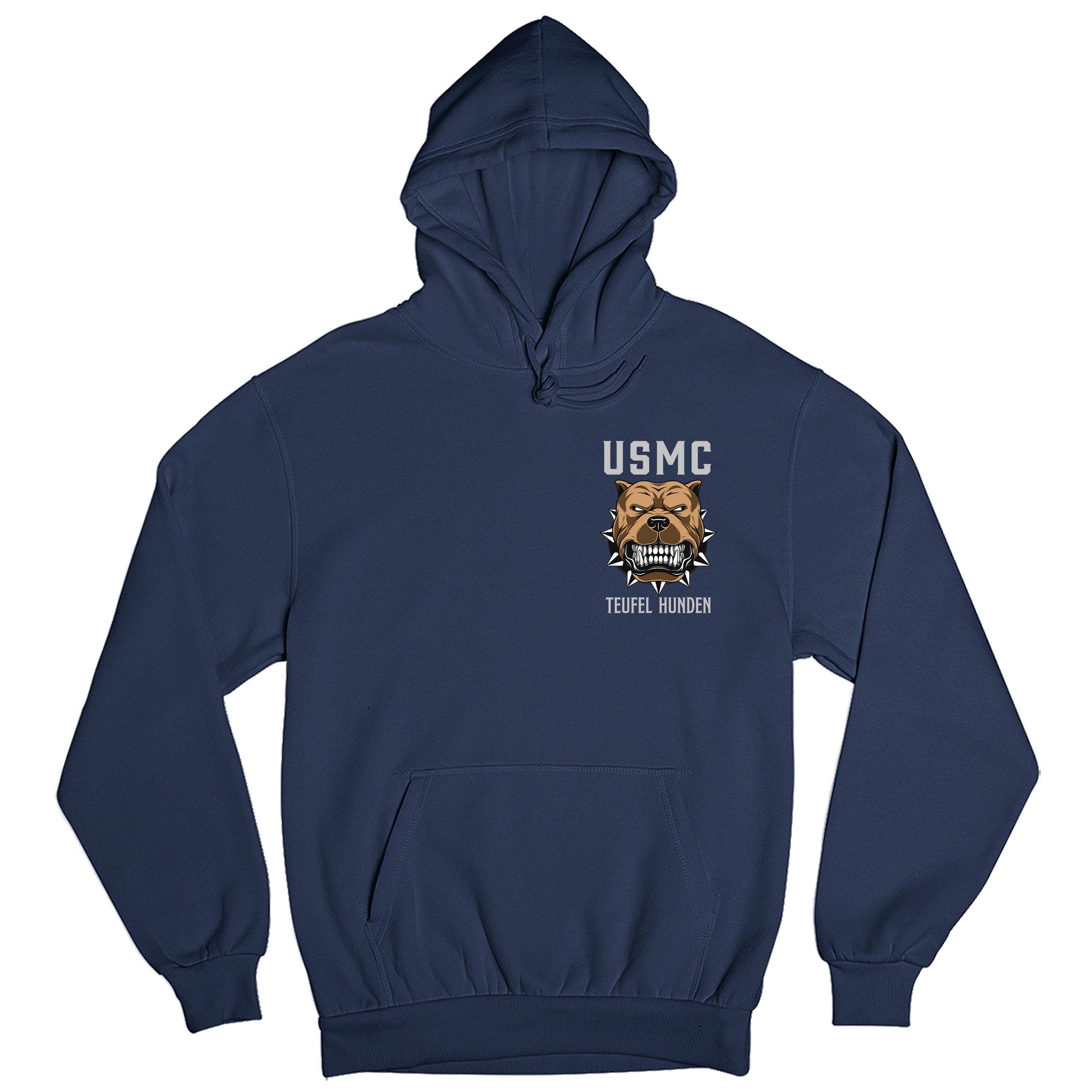 Navy Blue USMC Hoodie with left-chest bulldog graphic