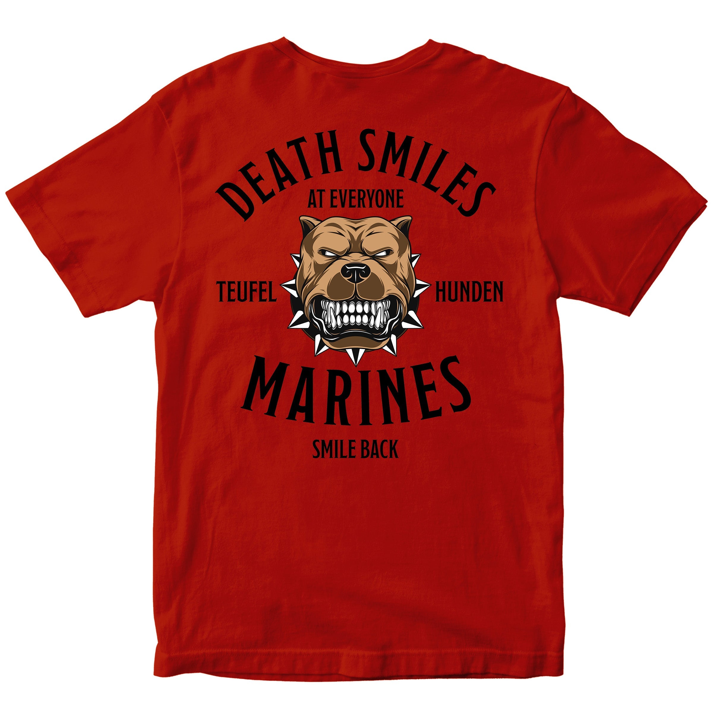 Red Marine Corps T-shirt featuring bulldog illustration with the text ‘USMC Teufel Hunden