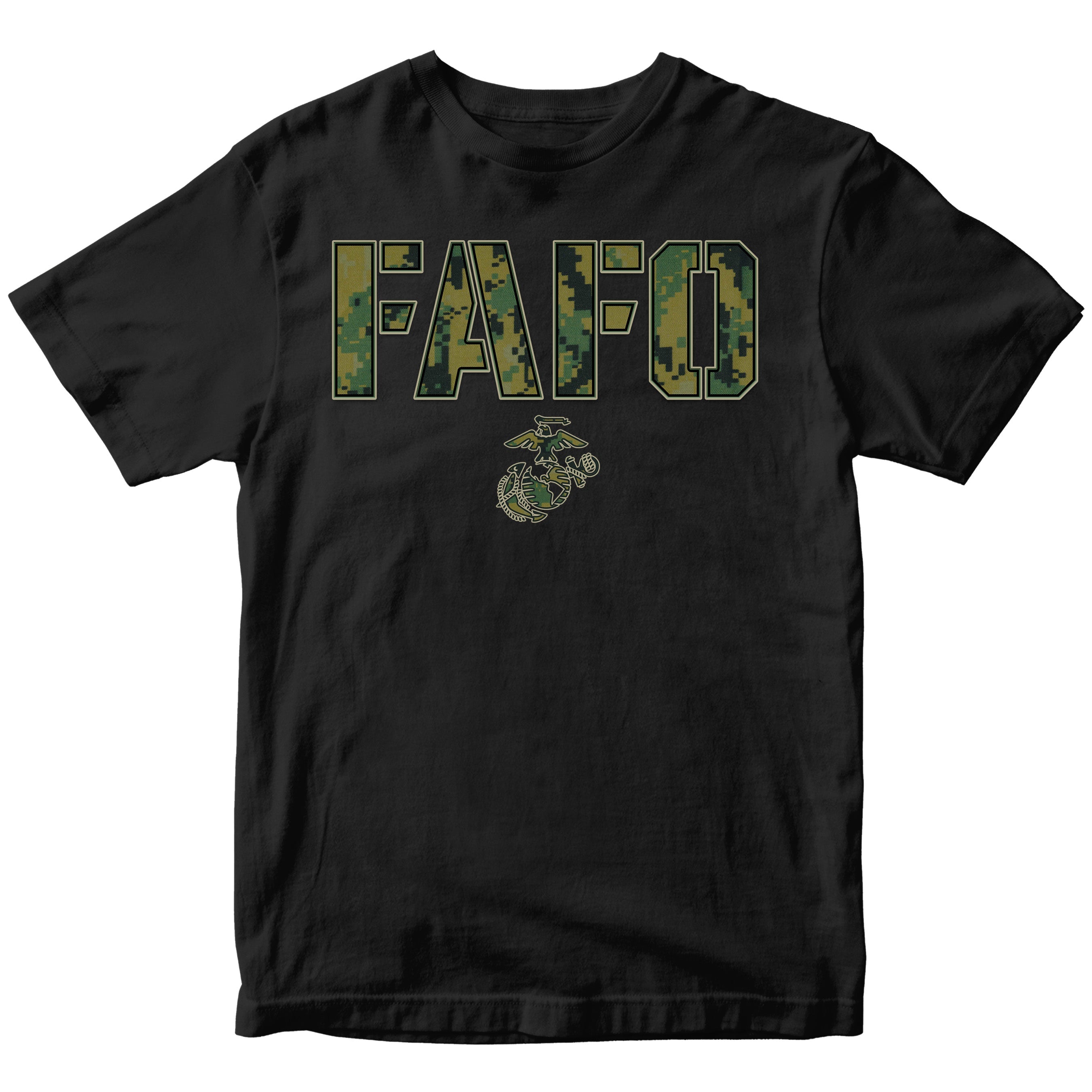 Black FAFO camo T-shirt with digital camouflage lettering and Eagle Globe and Anchor