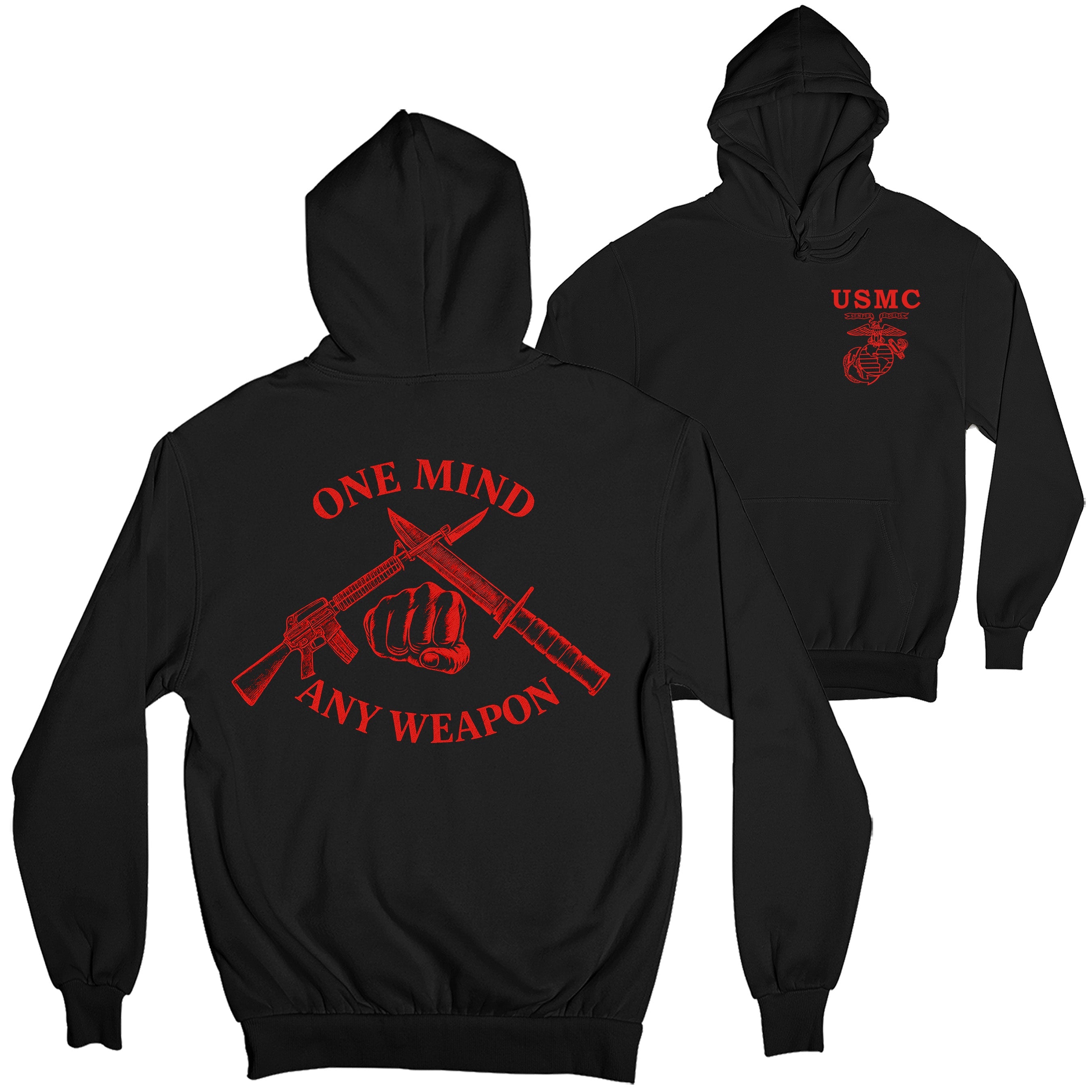 Black Marines Fight Club Hoodie with left-chest USMC Eagle Globe and Anchor and back graphic reading ‘One Mind Any Weapon’ with crossed riffle and knife and clenched fist.