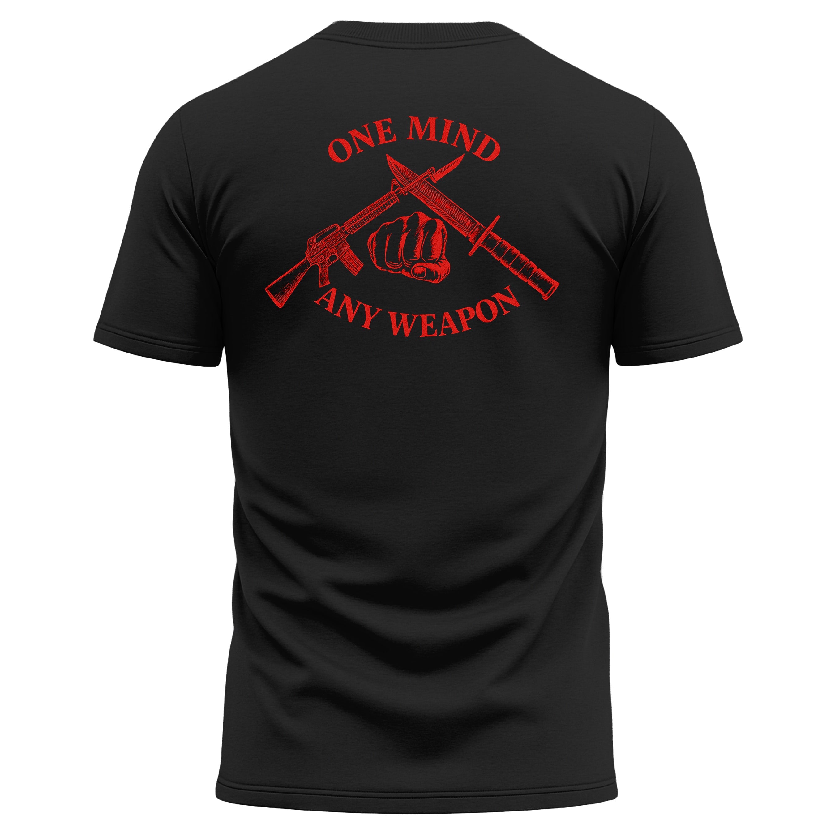 Black Marines Fight Club Performance Tee with back graphic reading ‘One Mind Any Weapon’ with crossed riffle and knife and clenched fist.