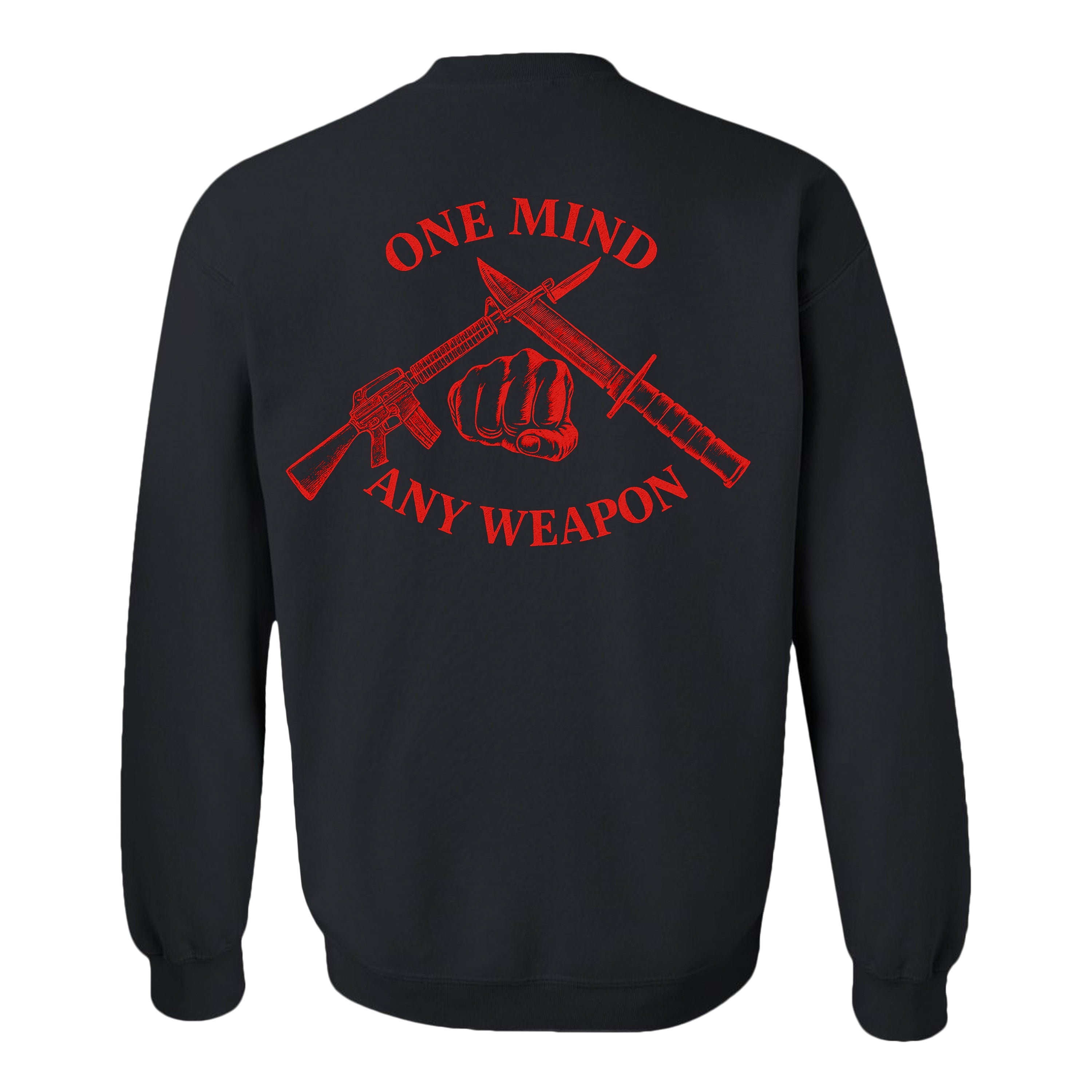 Black Marines Fight Club Sweatshirt with back graphic reading ‘One Mind Any Weapon’ with crossed riffle and knife and clenched fist.