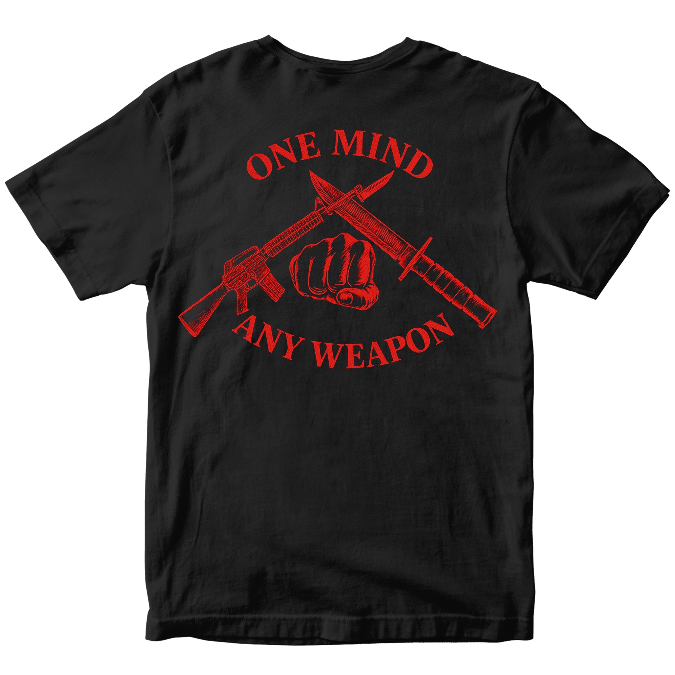 Black Marines Fight Club T-shirt with back graphic reading ‘One Mind Any Weapon’ with crossed riffle and knife and clenched fist.