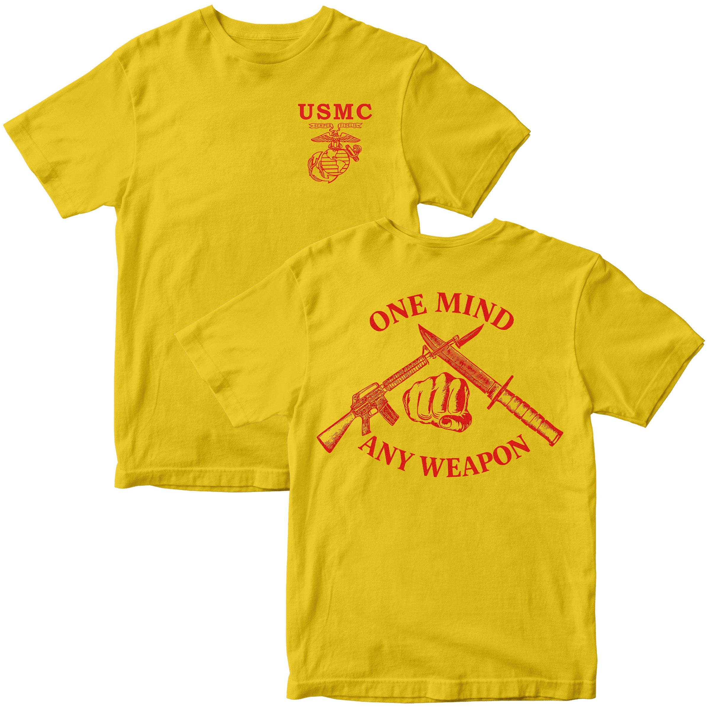 Gold Marines Fight Club T-shirt with left-chest USMC Eagle Globe and Anchor and back graphic reading ‘One Mind Any Weapon’ with crossed riffle and knife and clenched fist.