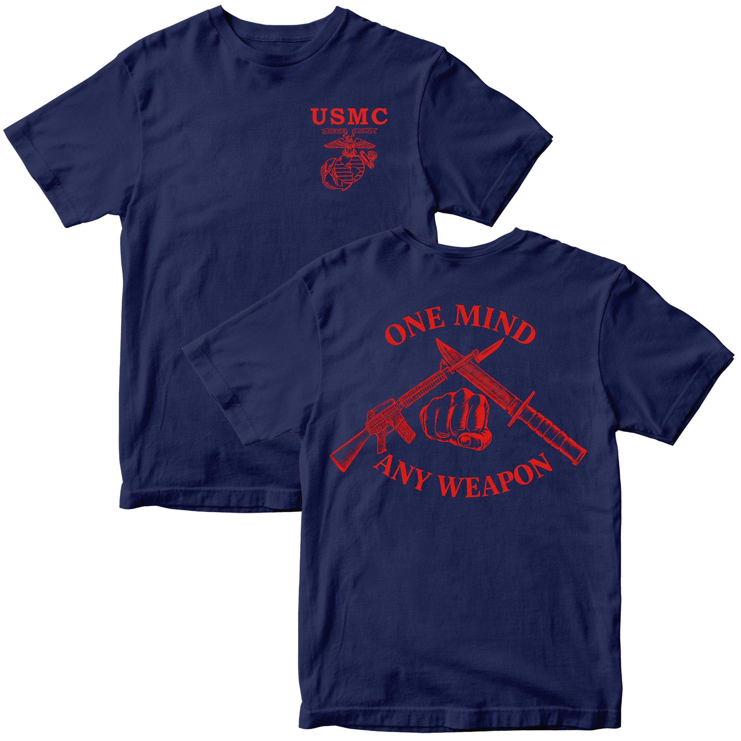 Navy Blue Marines Fight Club T-shirt with left-chest USMC Eagle Globe and Anchor and back graphic reading ‘One Mind Any Weapon’ with crossed riffle and knife and clenched fist.