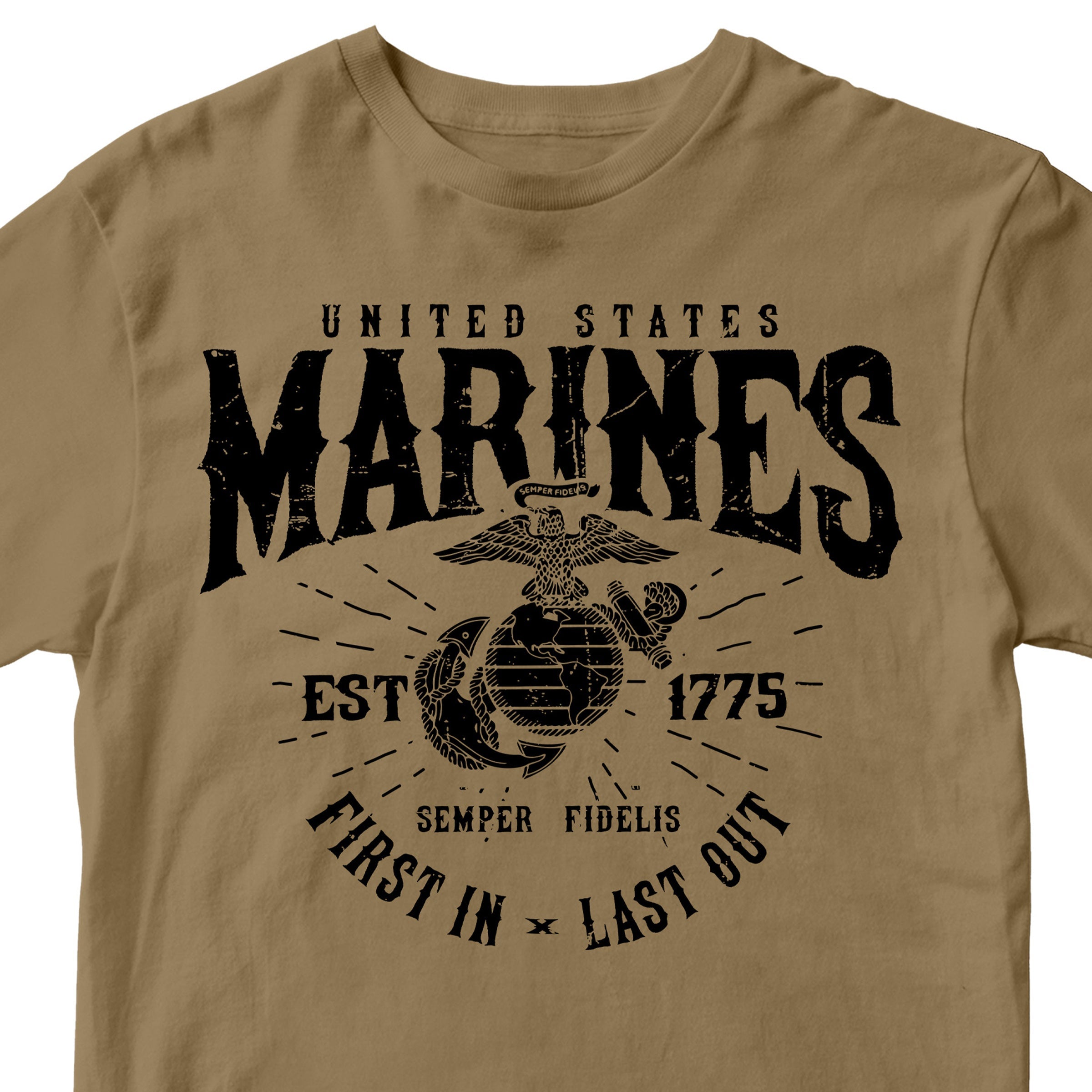 Marines First In Last Out Navy Brown Tee