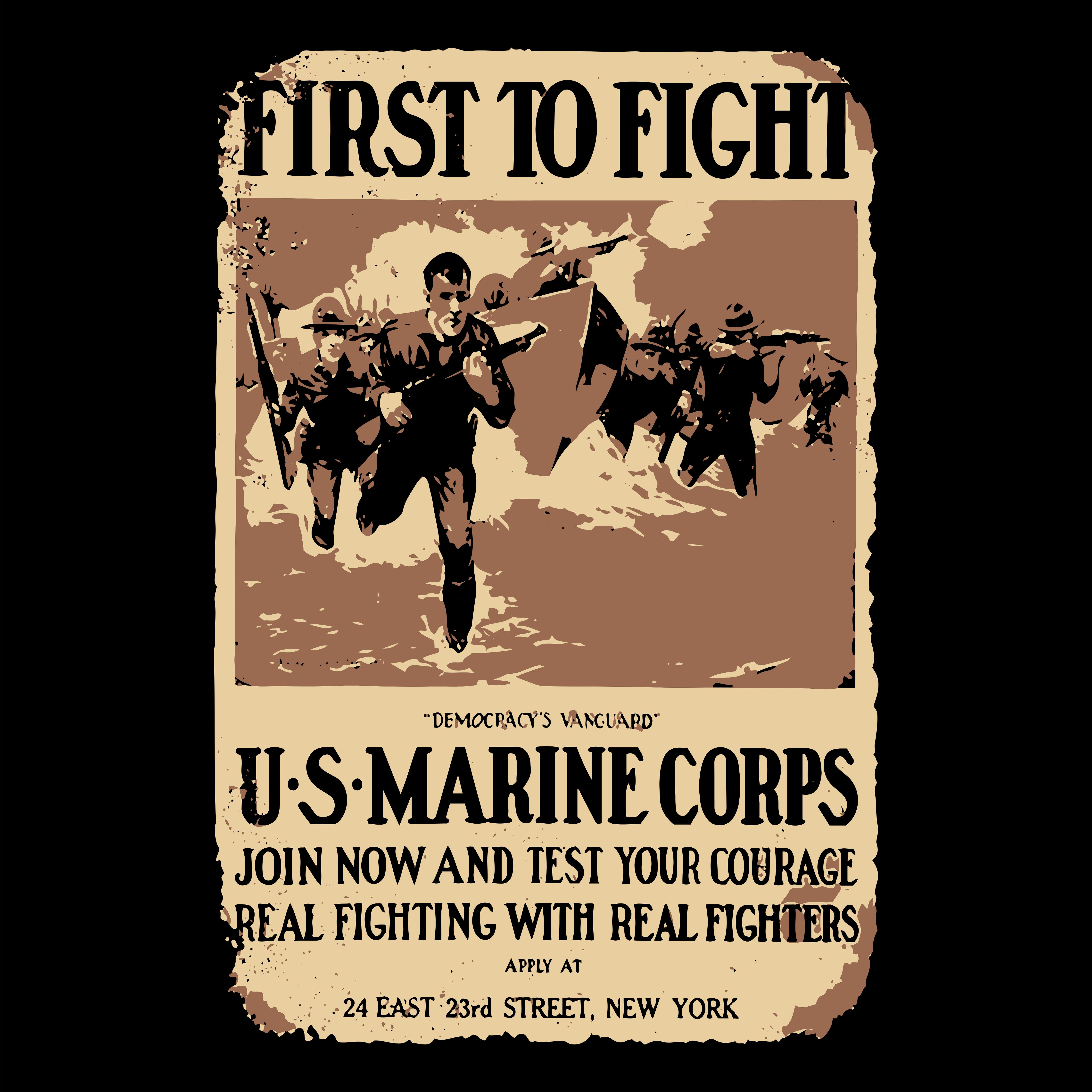 Vintage-style poster for U.S. Marine Corps recruitment with soldiers running and text.
