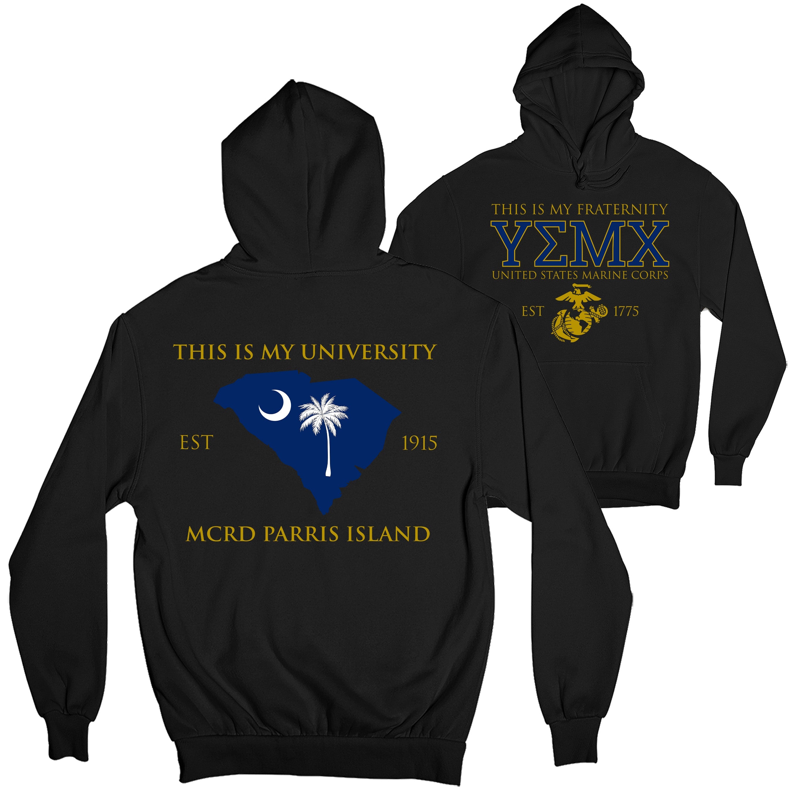 Black USMC fraternity Hoodie with Greek letters YMEX on the front and Parris Island back graphic featuring the South Carolina outline with crescent and palmetto
