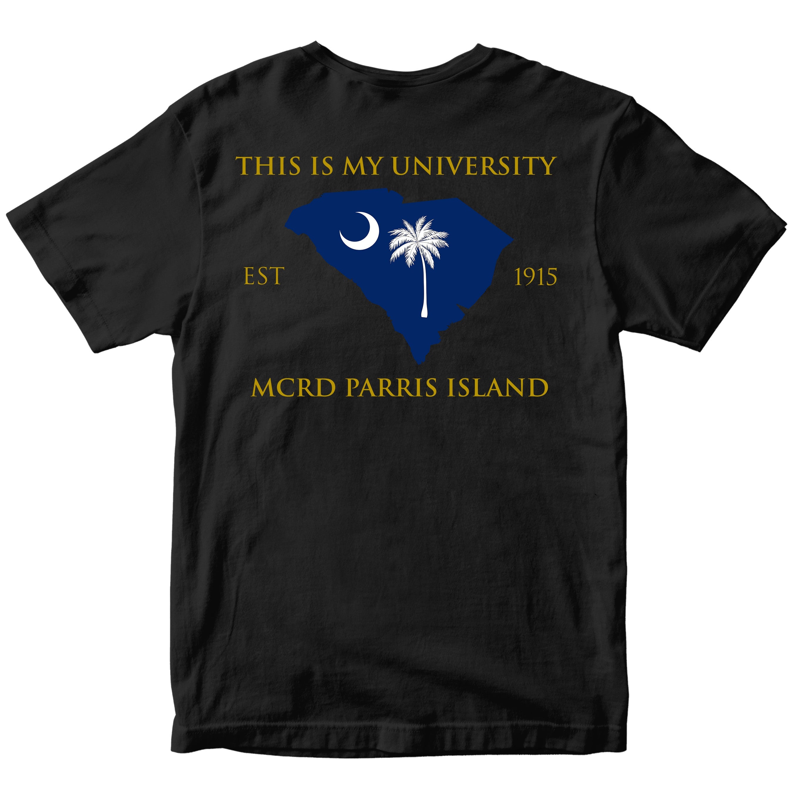 Black USMC fraternity-style T-shirt with MCRD Parris Island back graphic featuring the South Carolina outline with crescent and palmetto