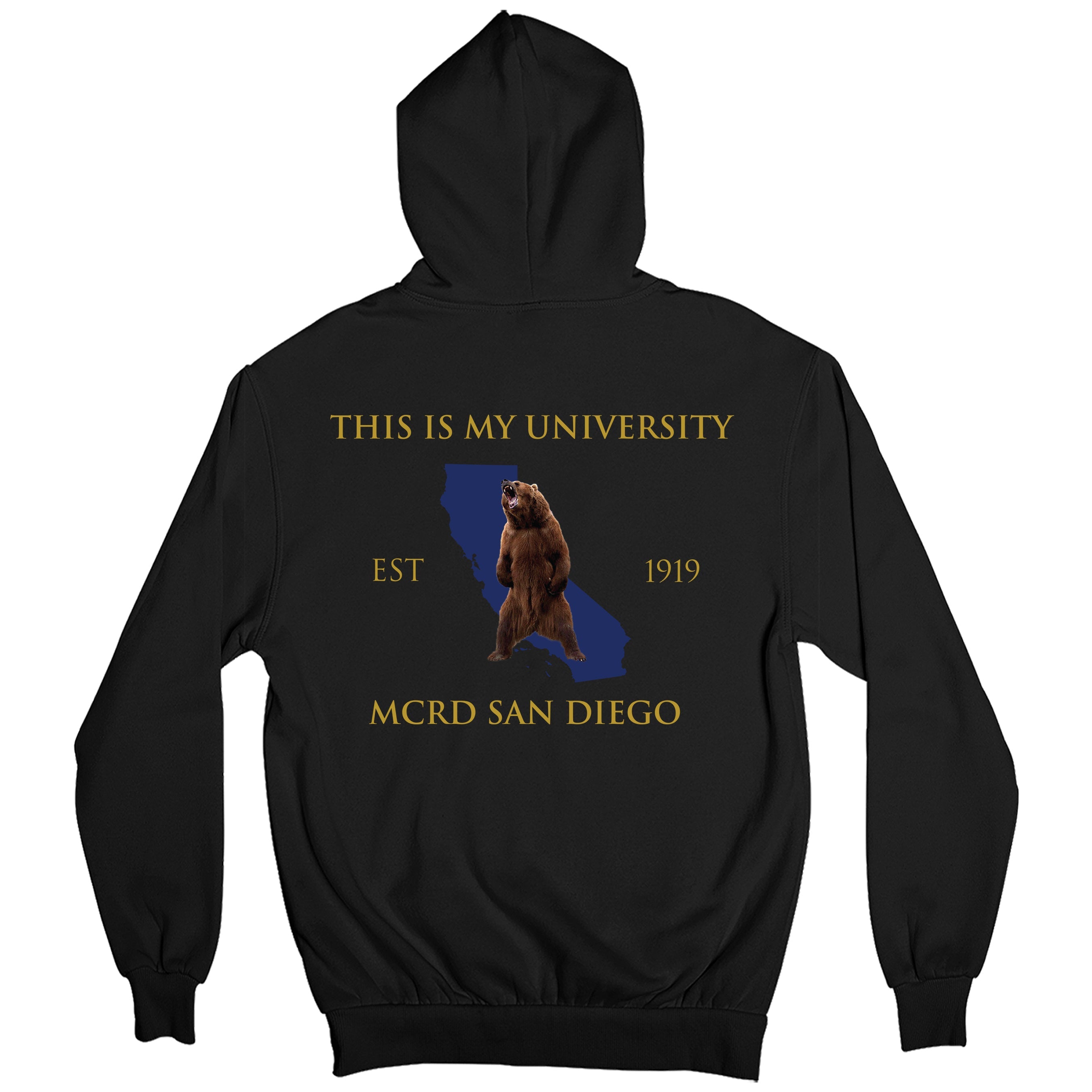 Black USMC fraternity Hoodie with San Diego back graphic featuring the California outline with star.