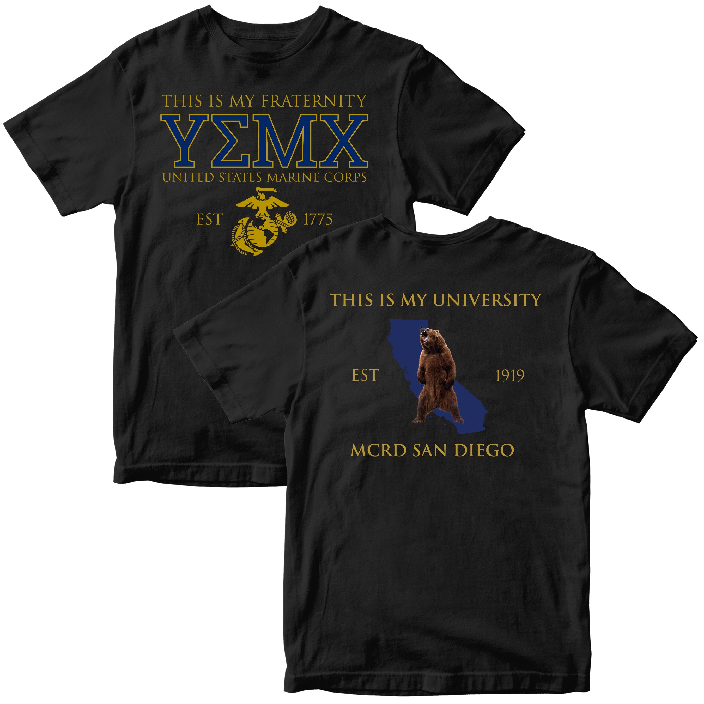 Black USMC fraternity-style T-shirt with Greek letters YMEX on the front and MCRD San Diego back graphic featuring the California outline with star.