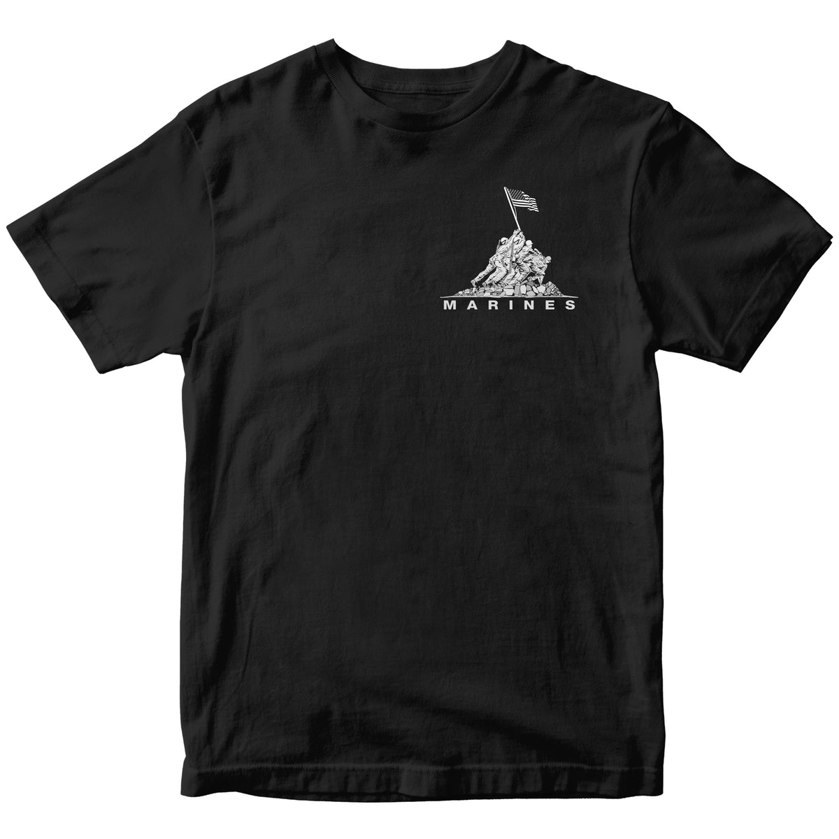 Black USMC t-shirt with Iwo Jima flag raising chest graphic