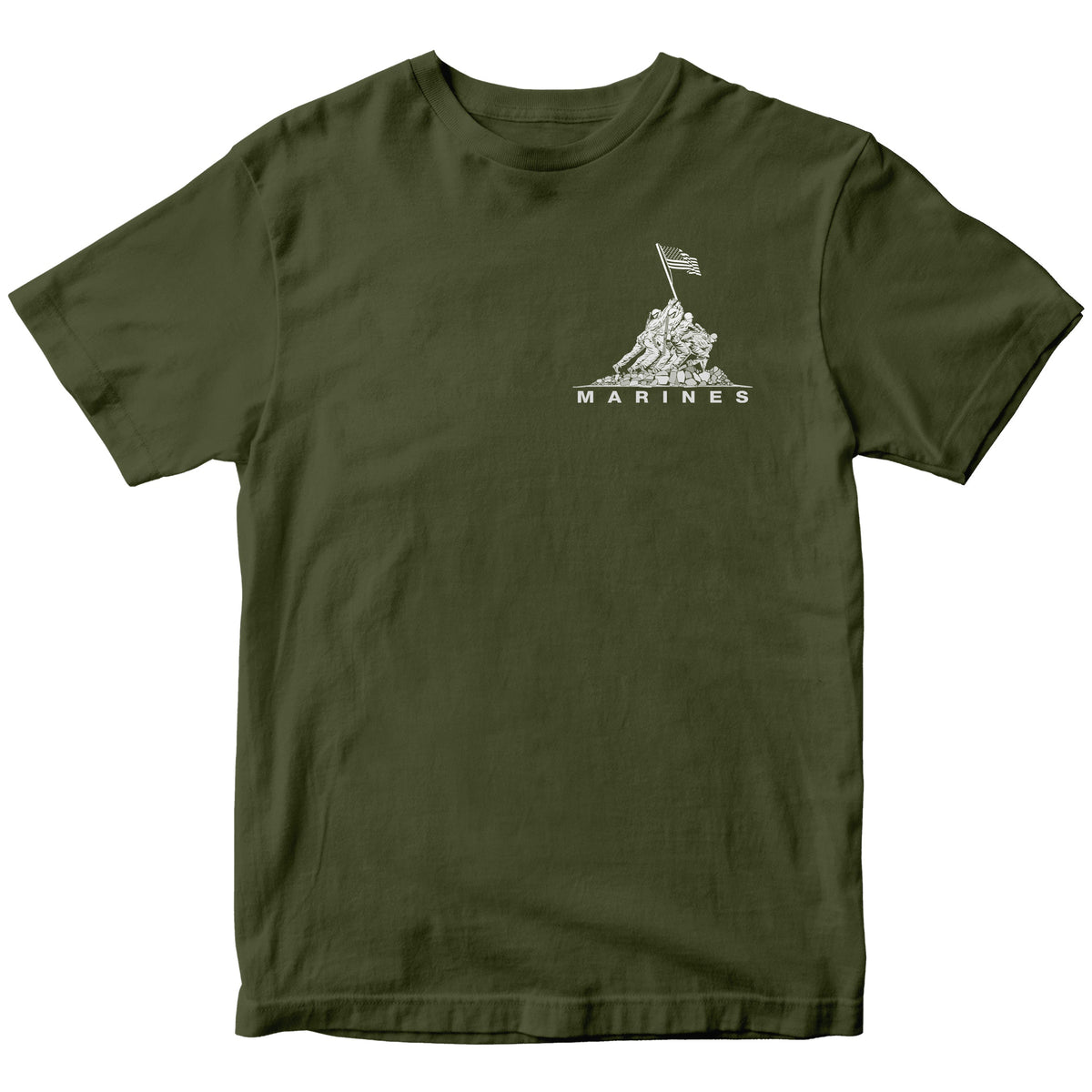 Green USMC t-shirt with Iwo Jima flag raising chest graphic