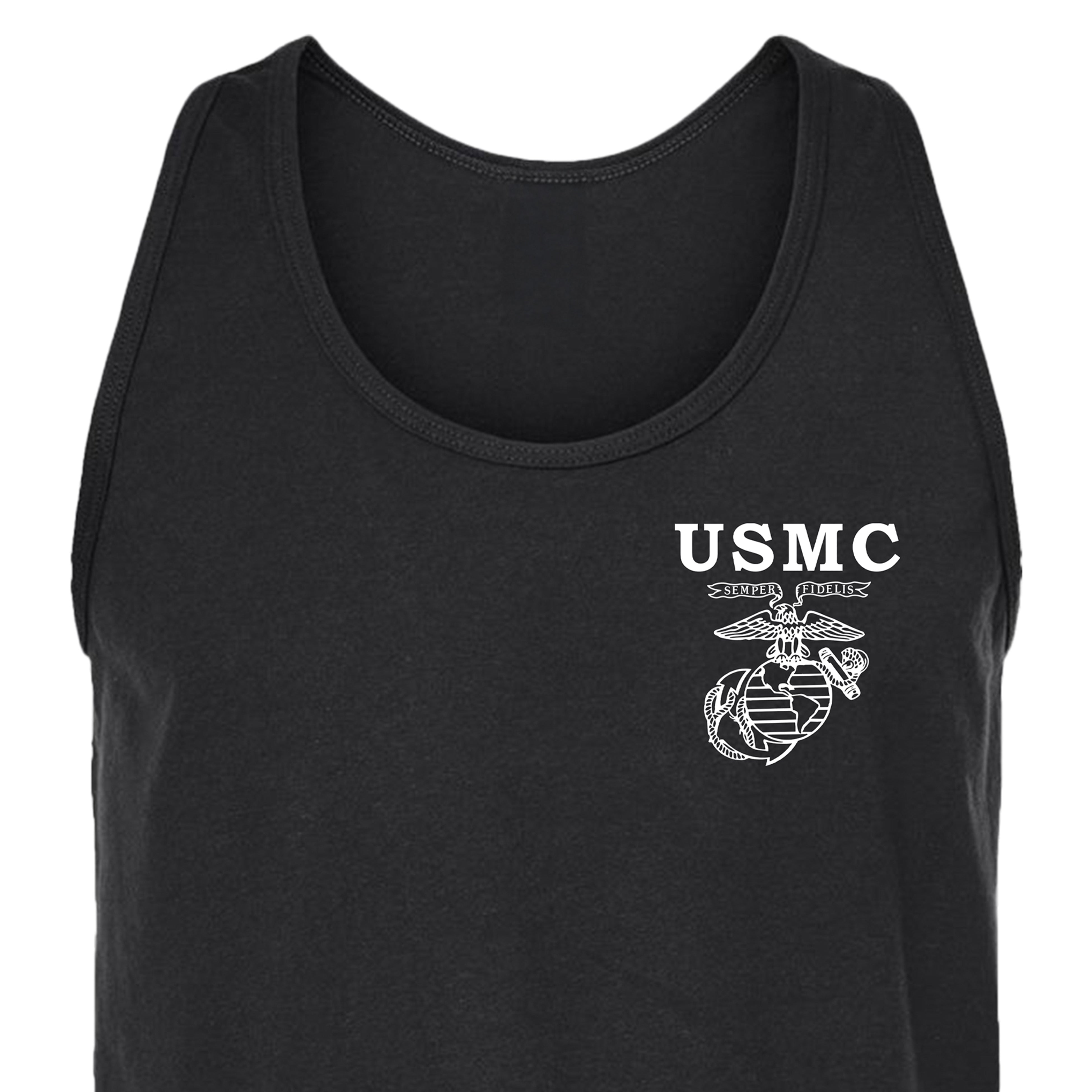 Men’s USMC tank top with front-left chest print featuring 'USMC' text, Semper Fidelis banner, and Eagle, Globe, and Anchor emblem in white.