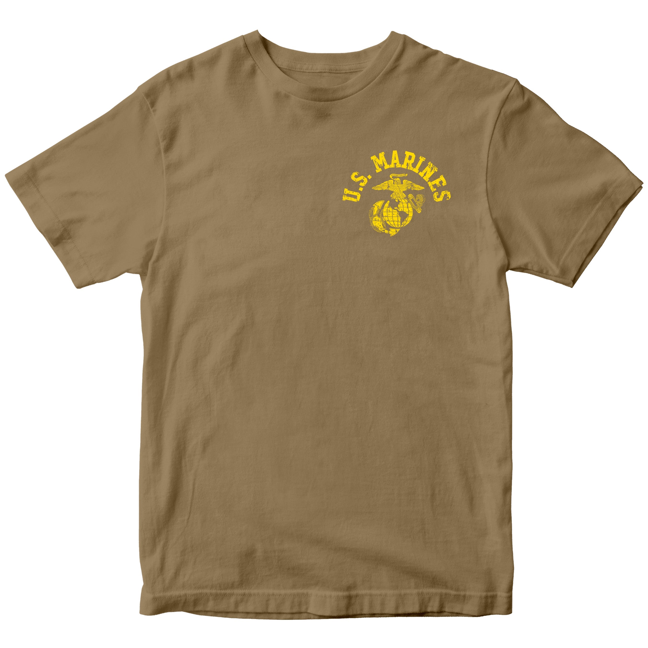 Brown Marine Corps PT-style T-shirt featuring a small left-chest U.S. Marines arch and EGA emblem. USMC Tee
