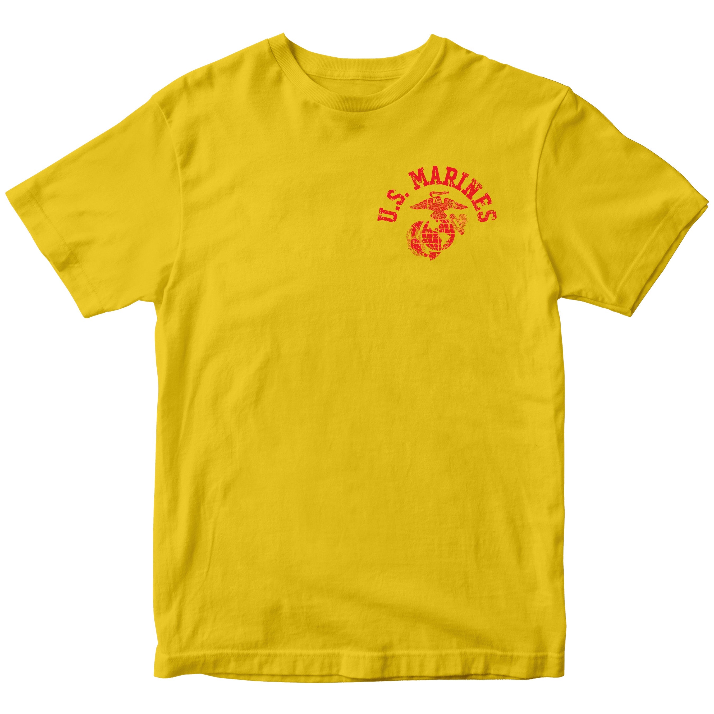 Gold Marine Corps PT-style T-shirt featuring a small left-chest U.S. Marines arch and EGA emblem. USMC Tee