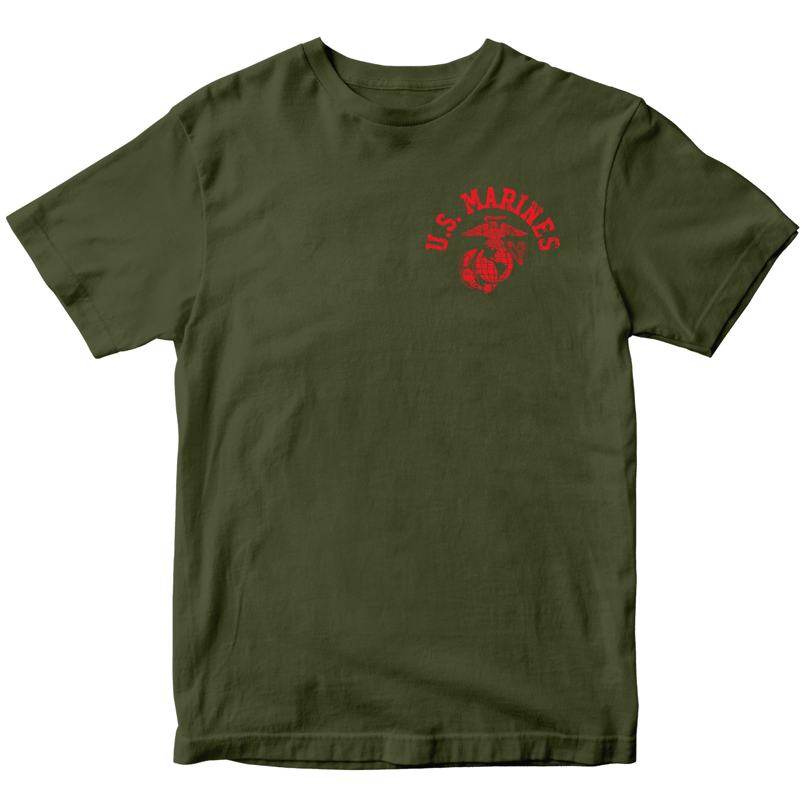 Green Marine Corps PT-style T-shirt featuring a small left-chest U.S. Marines arch and EGA emblem. USMC Tee