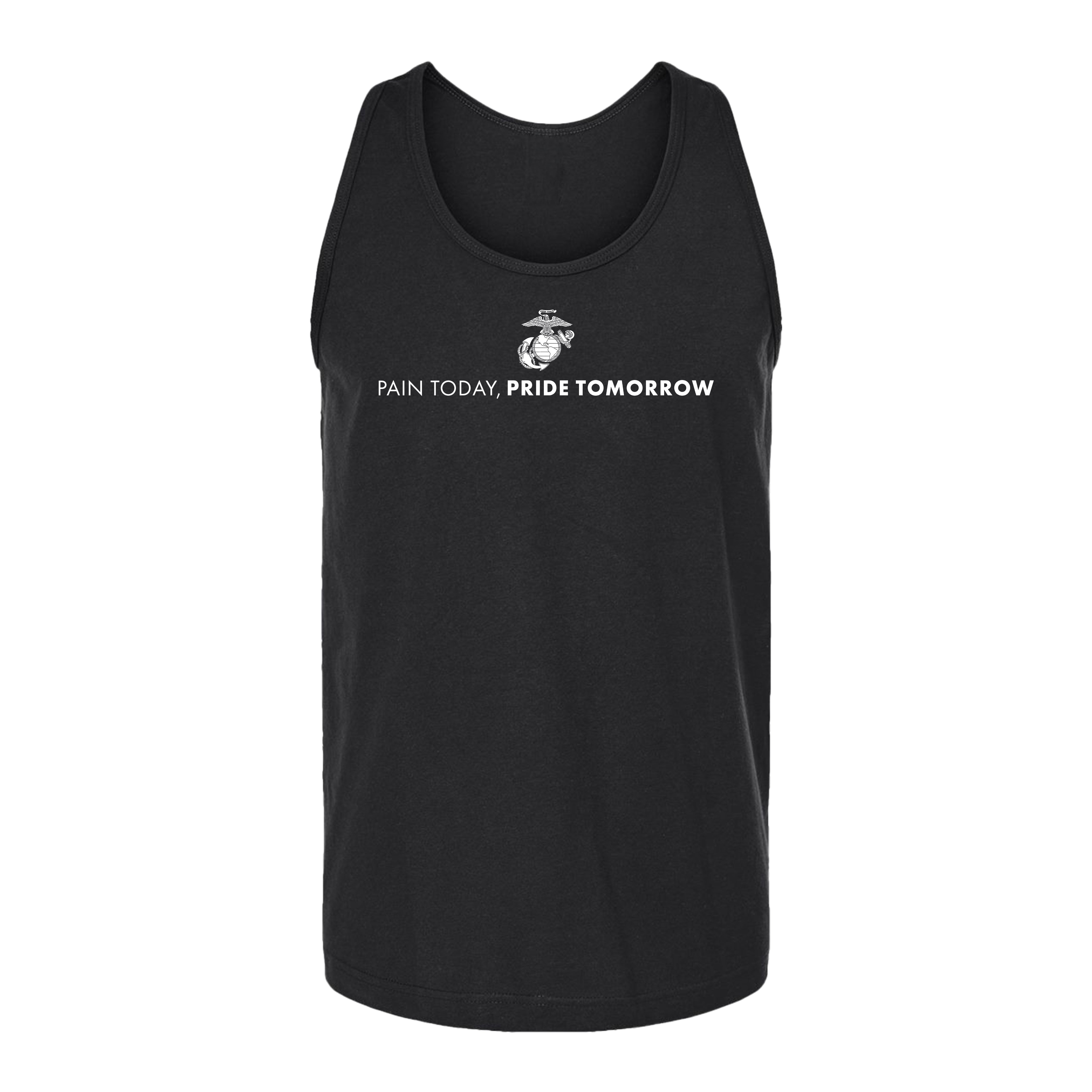 Men’s USMC tank top with white Eagle, Globe, and Anchor emblem and motivational text 'Pain Today, Pride Tomorrow' across the chest.