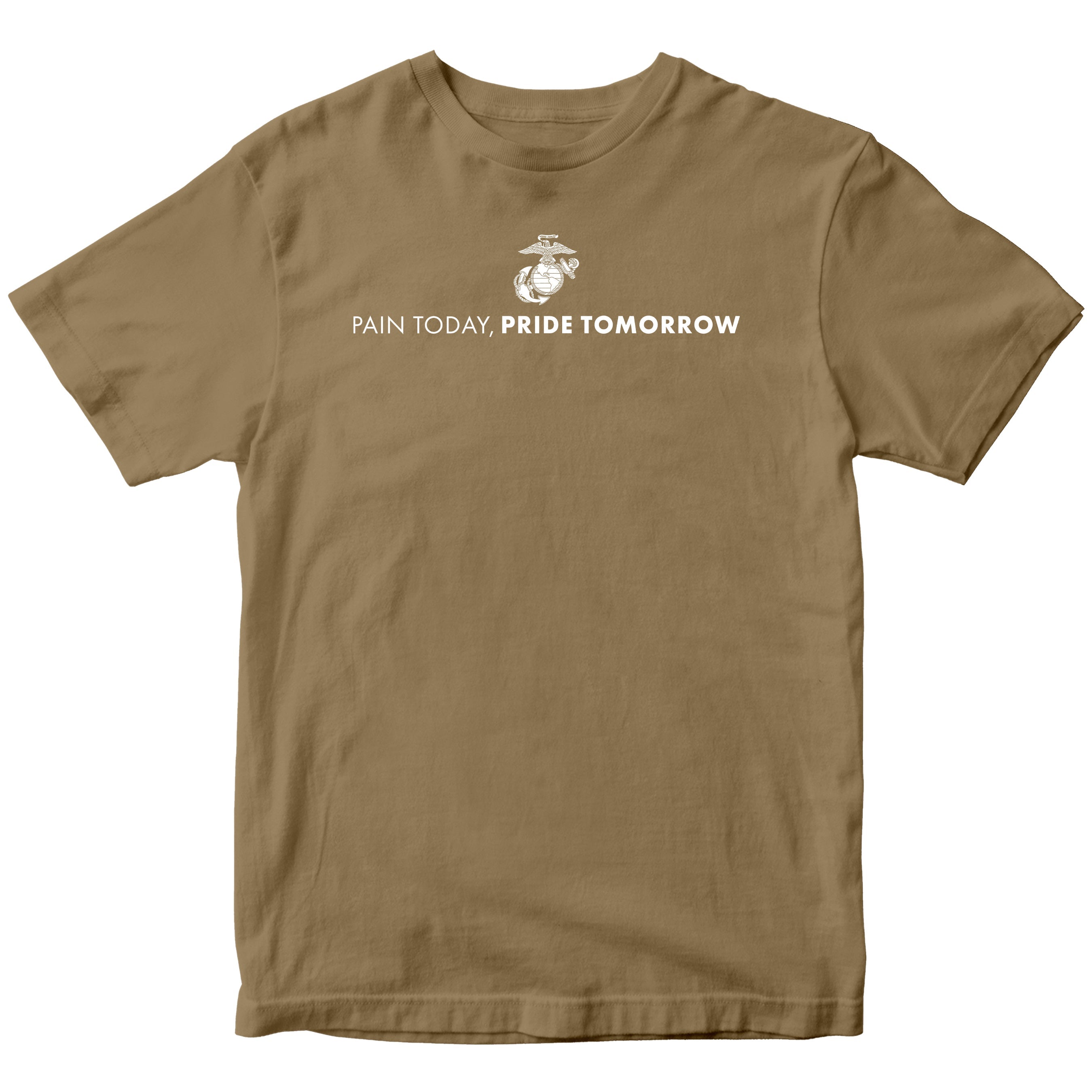 Brown USMC motivational t-shirt with Eagle, Globe, and Anchor emblem and white text reading 'Pain Today, Pride Tomorrow' – Marine Corps workout and training shirt.