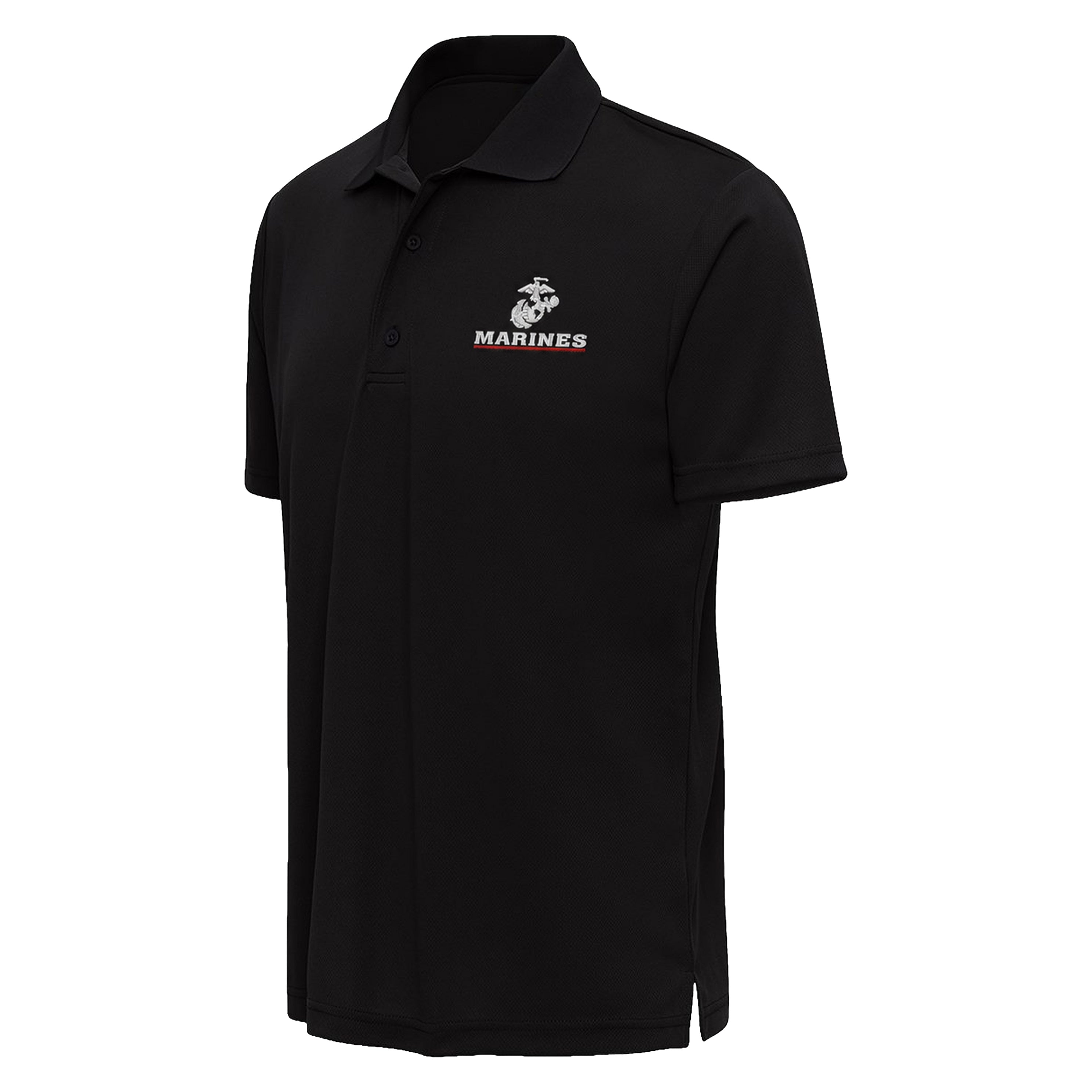 black short-sleeve USMC polo with white and red US Marines logo embroidered on the left chest. Marines embroidered performance polo.