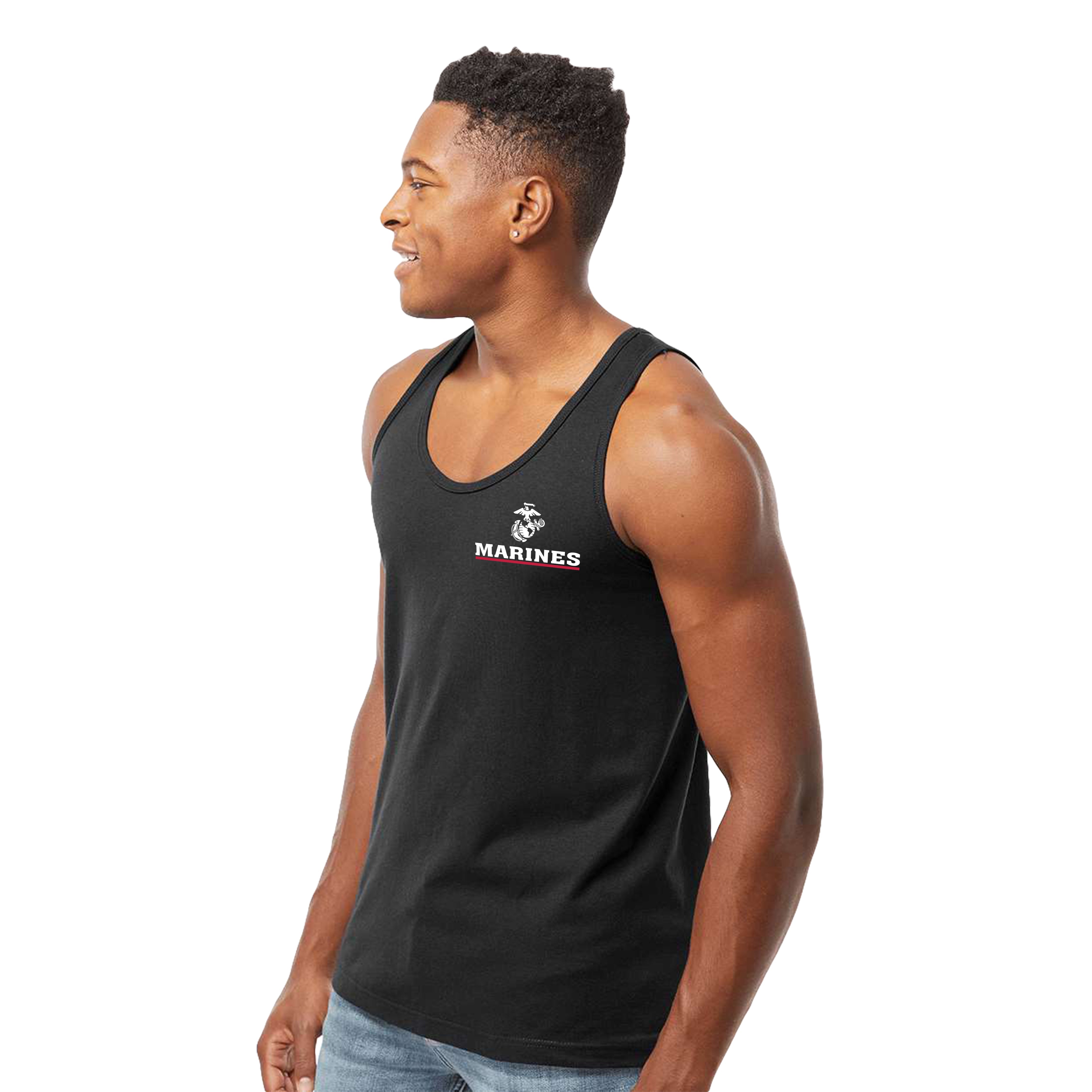 Men’s USMC tank top with front-left chest print of white Eagle, Globe, and Anchor emblem above bold 'MARINES' text with red underline.