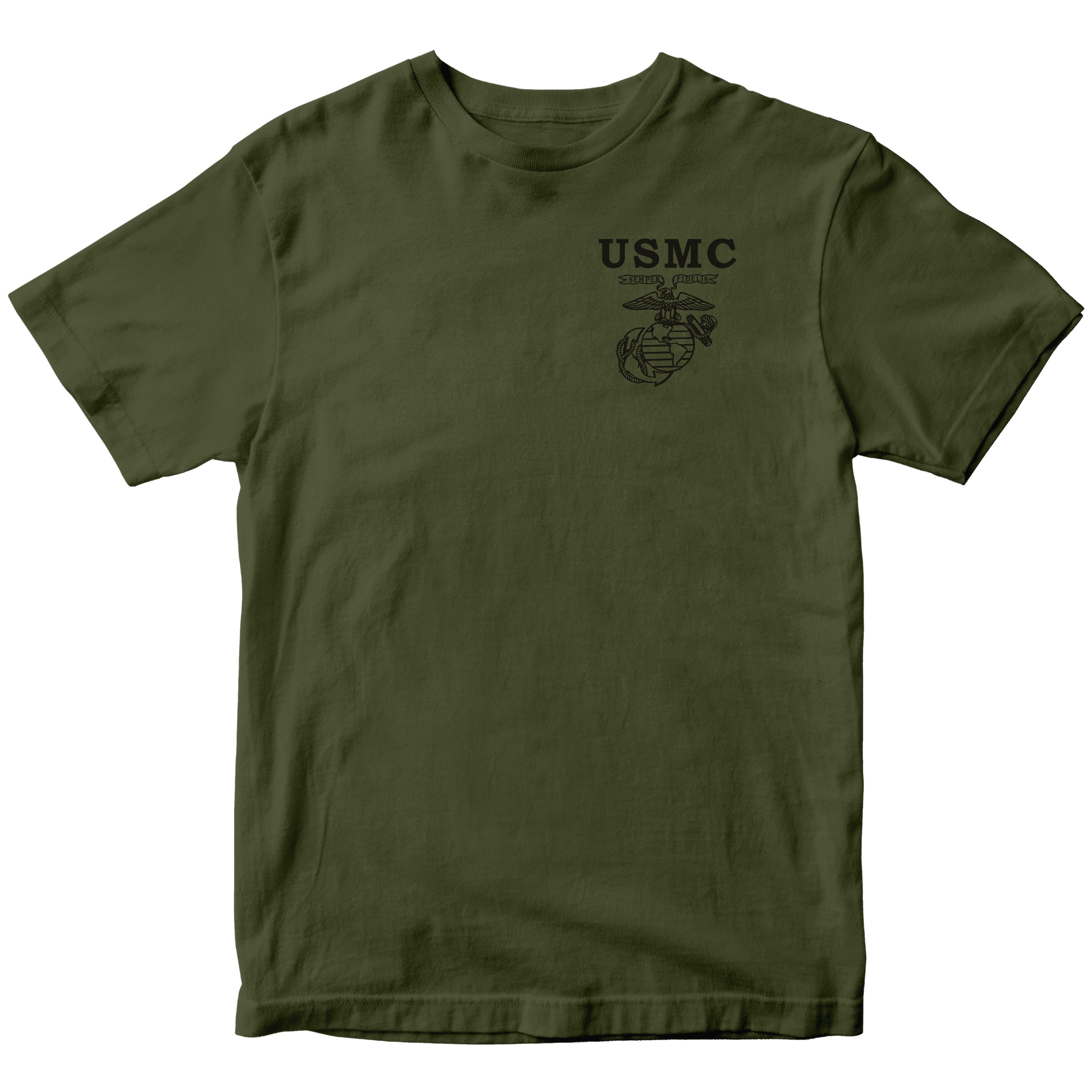 Green USMC t-shirt featuring a 'USMC' and the official Eagle, Globe, and Anchor emblem chest seal
