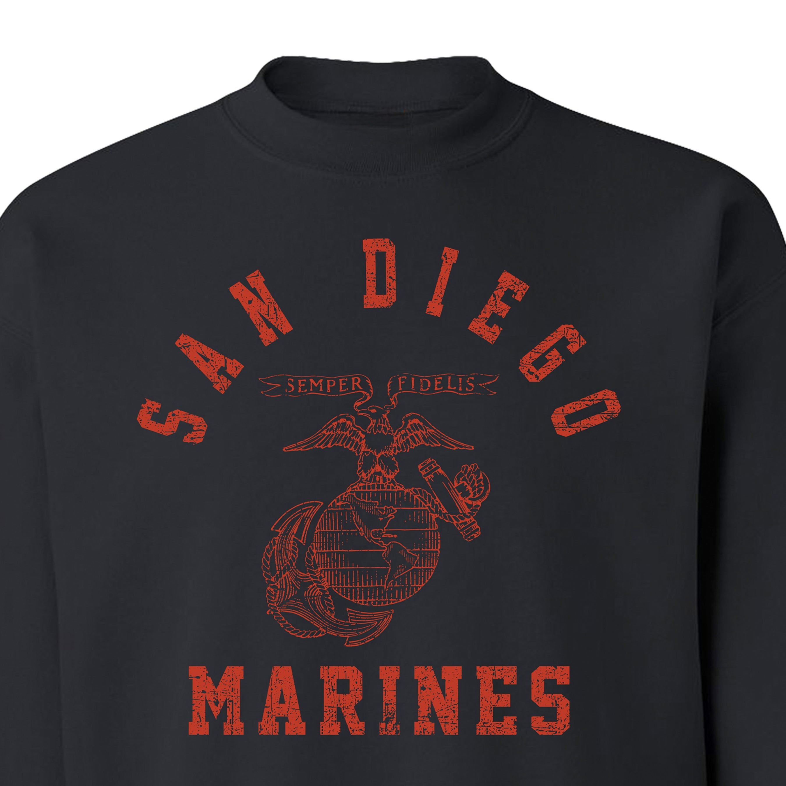 USMC Black Sweatshirt with distressed red print featuring 'San Diego' arched above the Eagle, Globe, and Anchor emblem, and 'Marines' text below—designed in the style of vintage Marine Corps training shirts from MCRD San Diego.