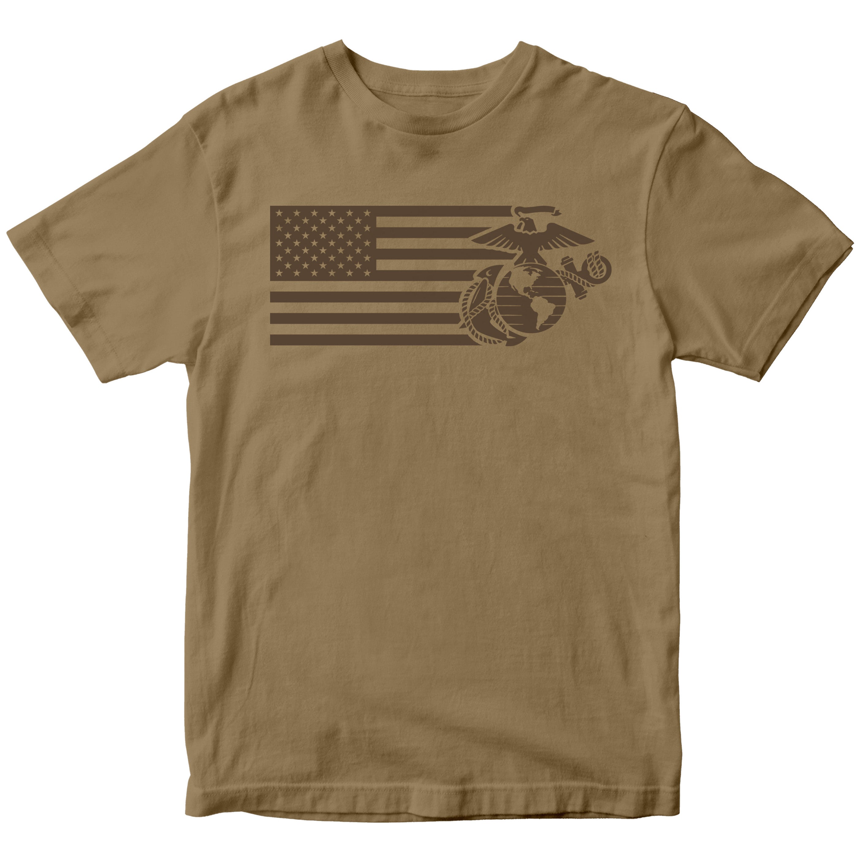 Coyote brown USMC Split Flag and EGA t-shirt with brown on brown American Flag and Marine Corps Eagle globe and anchor design. Marines Patriotic Tee.