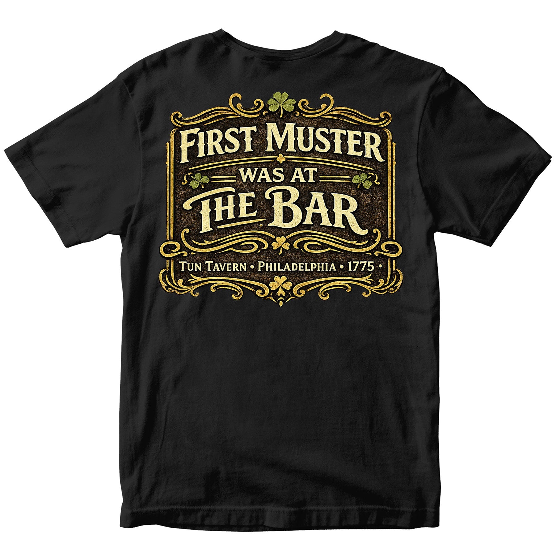 Black Marines Tun Tavern St. Patrick’s Day T-shirt with ‘First Muster Was at the Bar’ graphic. USMC St. Patrick's Day Tee