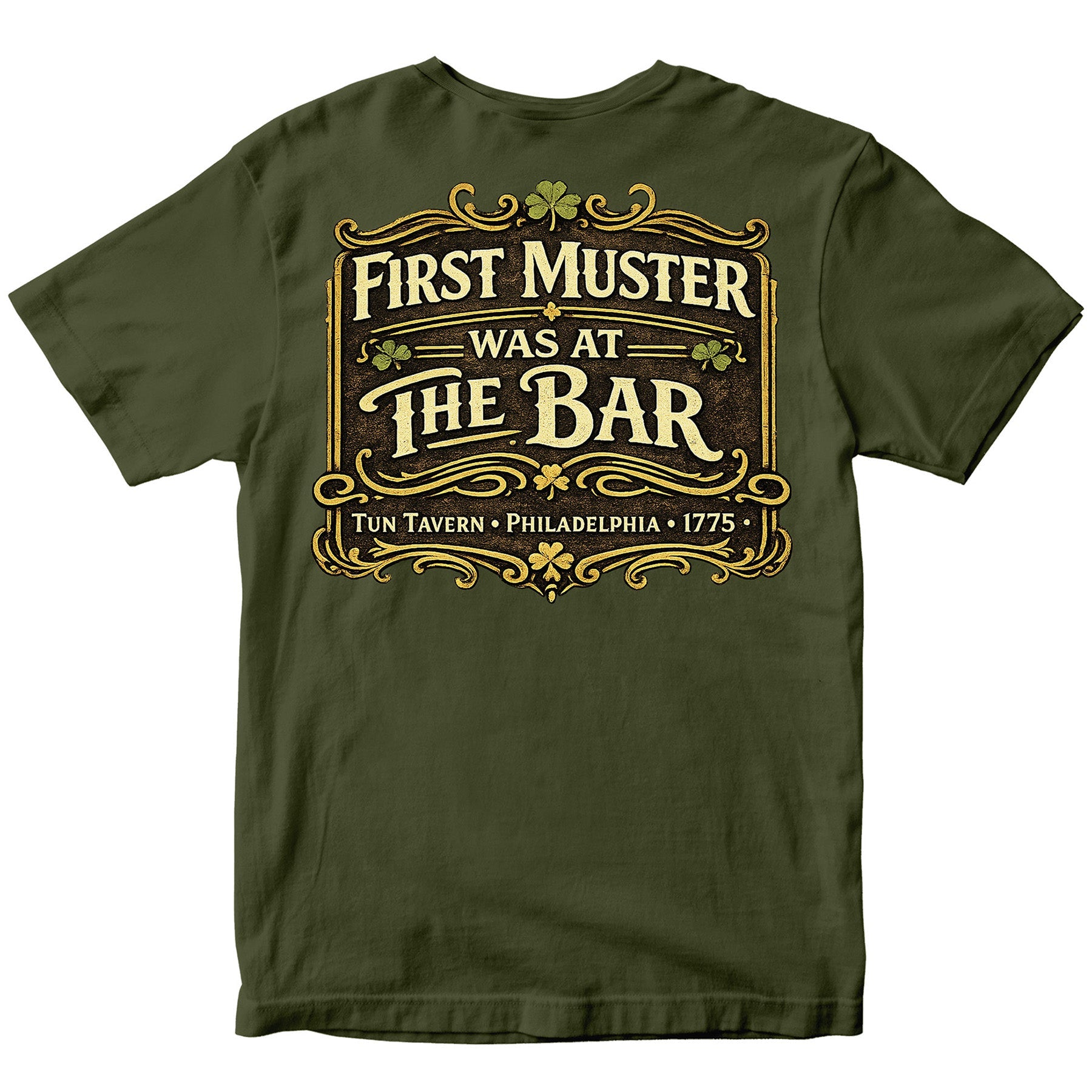 Green Marines Tun Tavern St. Patrick’s Day T-shirt with ‘First Muster Was at the Bar’ graphic. USMC St. Patrick's Day Tee