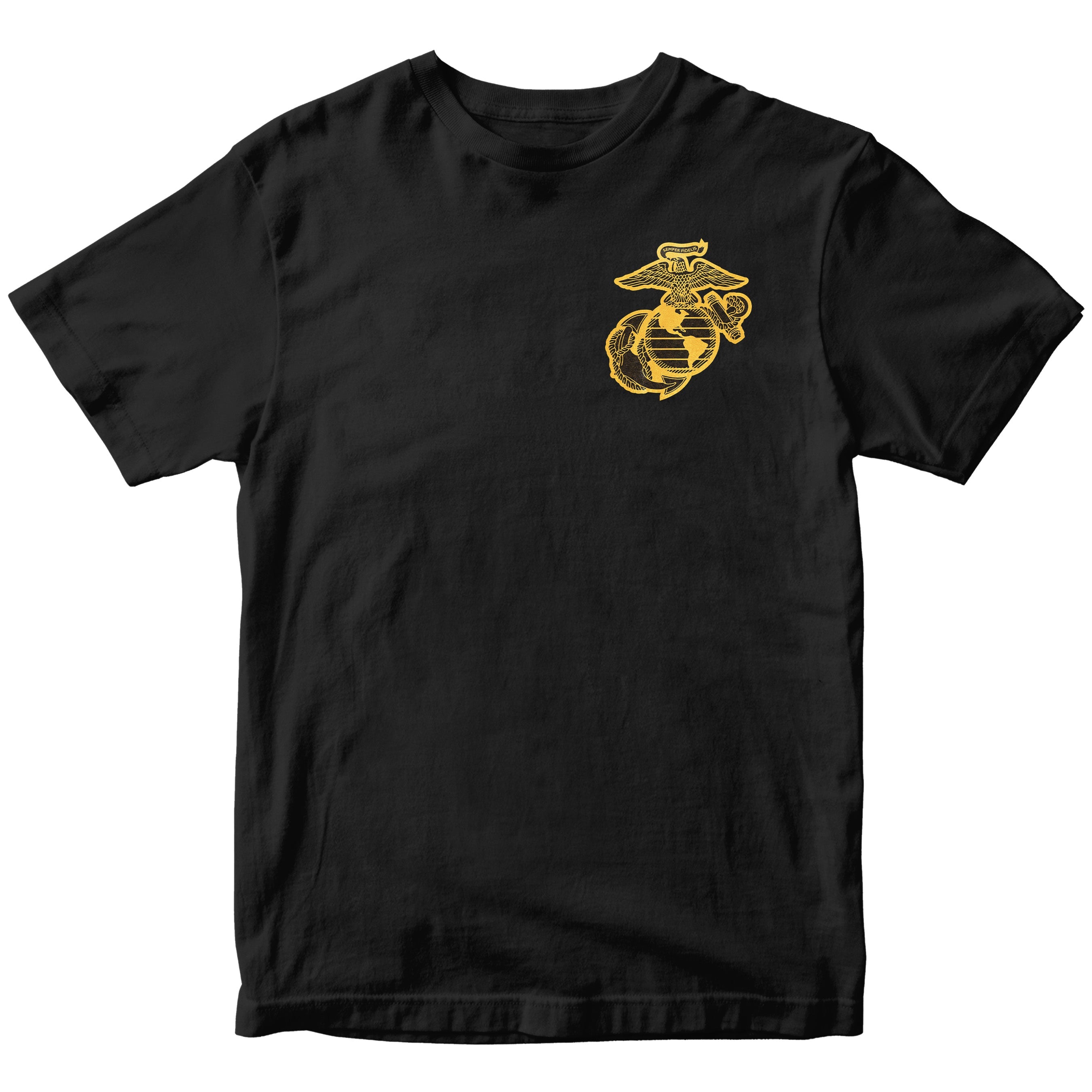 Black Marines Tun Tavern St. Patrick’s Day T-shirt with ‘First Muster Was at the Bar’ graphic. USMC St. Patrick's Day Tee