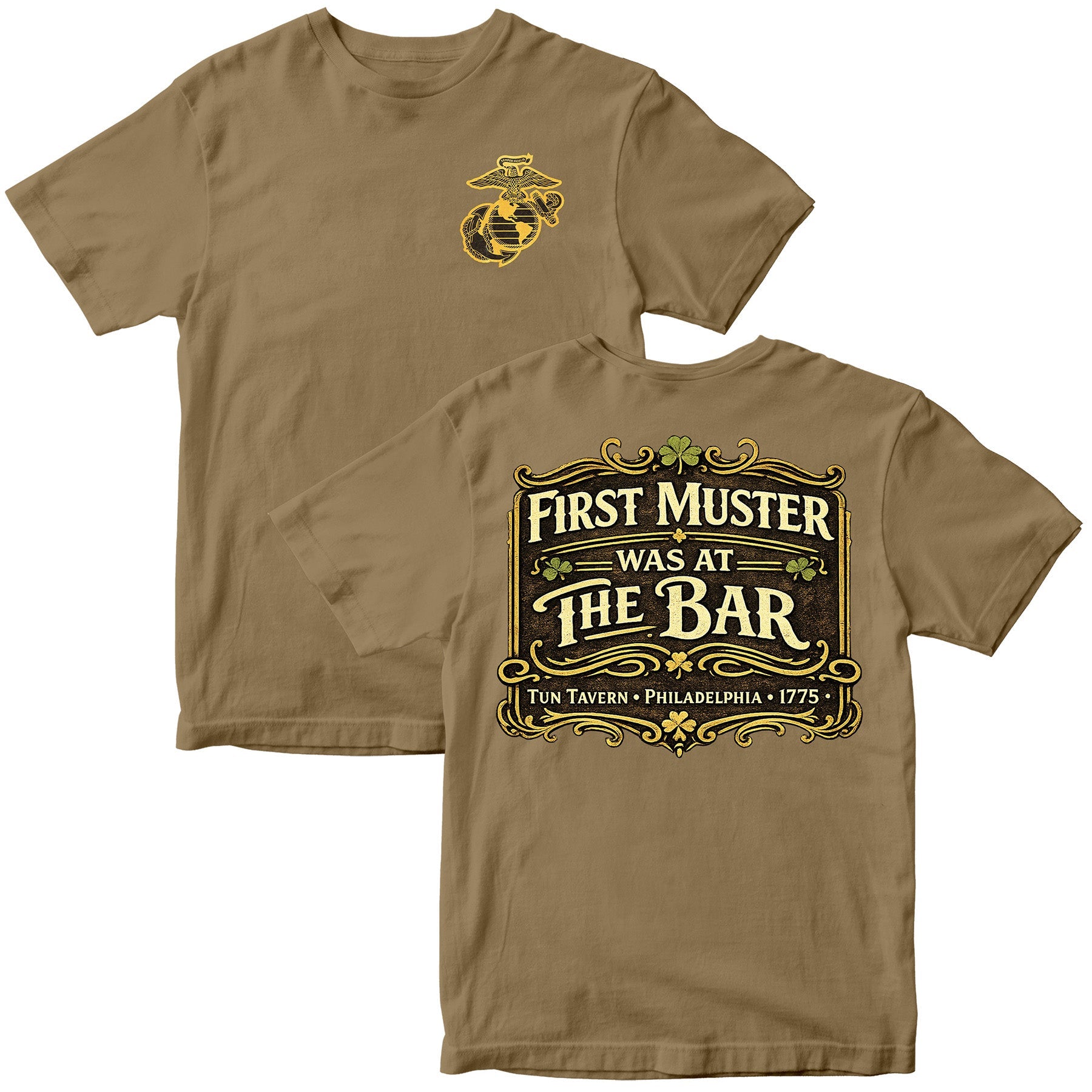 Brown Marines Tun Tavern St. Patrick’s Day T-shirt with ‘First Muster Was at the Bar’ graphic. USMC St. Patrick's Day Tee