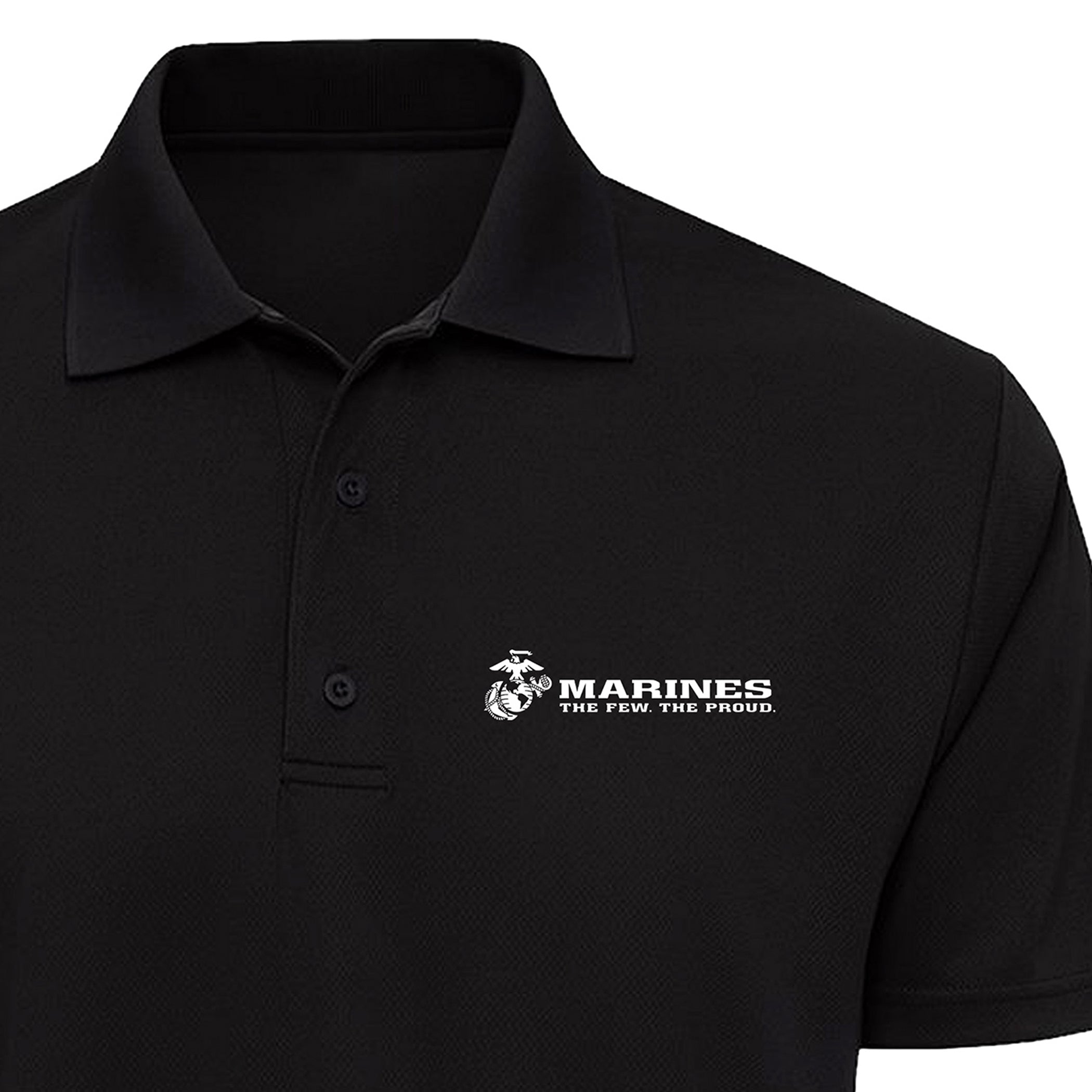 Black USMC performance polo with white Eagle, Globe & Anchor, Marines lettering, and The Few. The Proud. left-chest print. Marines The Few The Proud Polo
