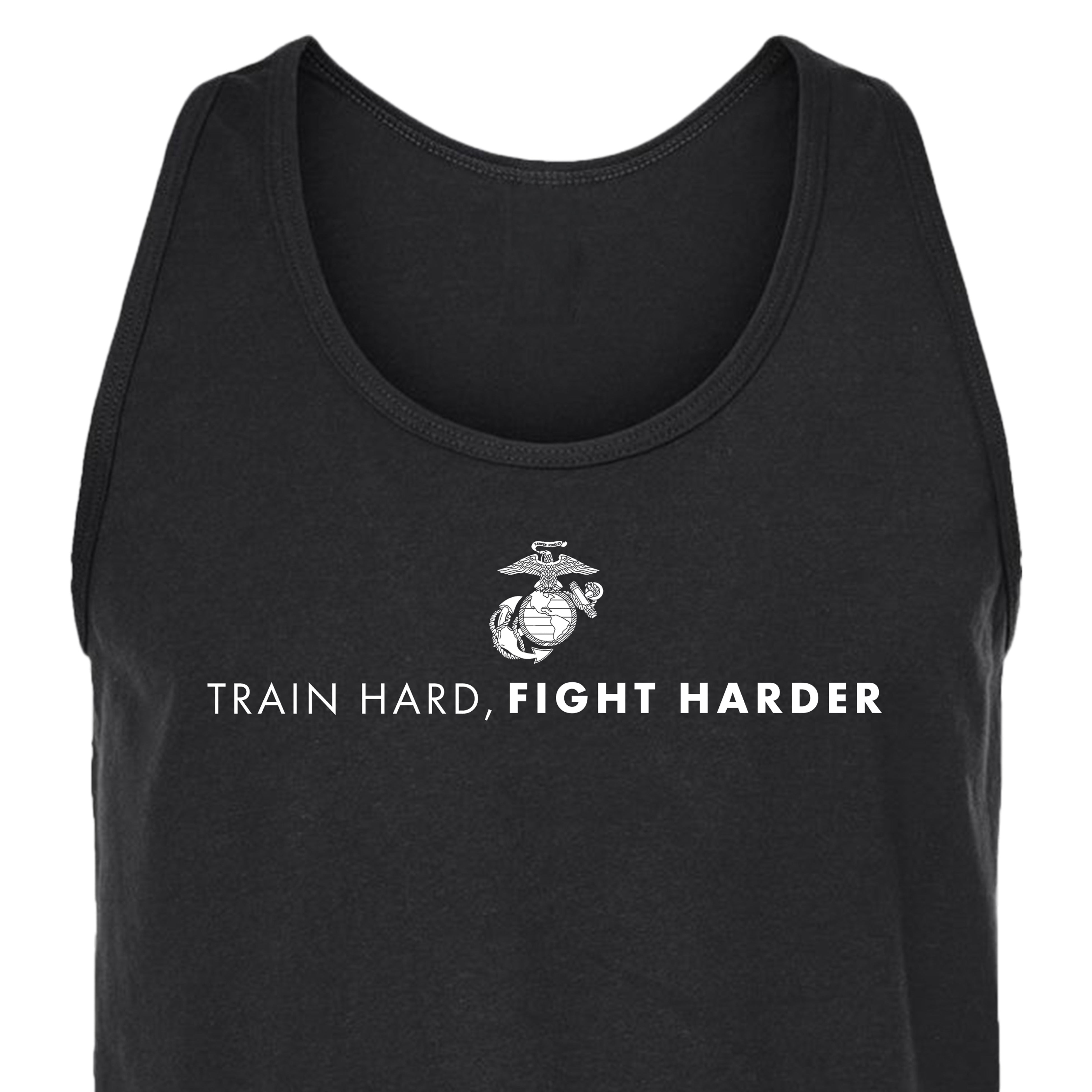 Men’s USMC tank top with white Eagle, Globe, and Anchor emblem and bold motivational text 'Train Hard, Fight Harder' across the chest.