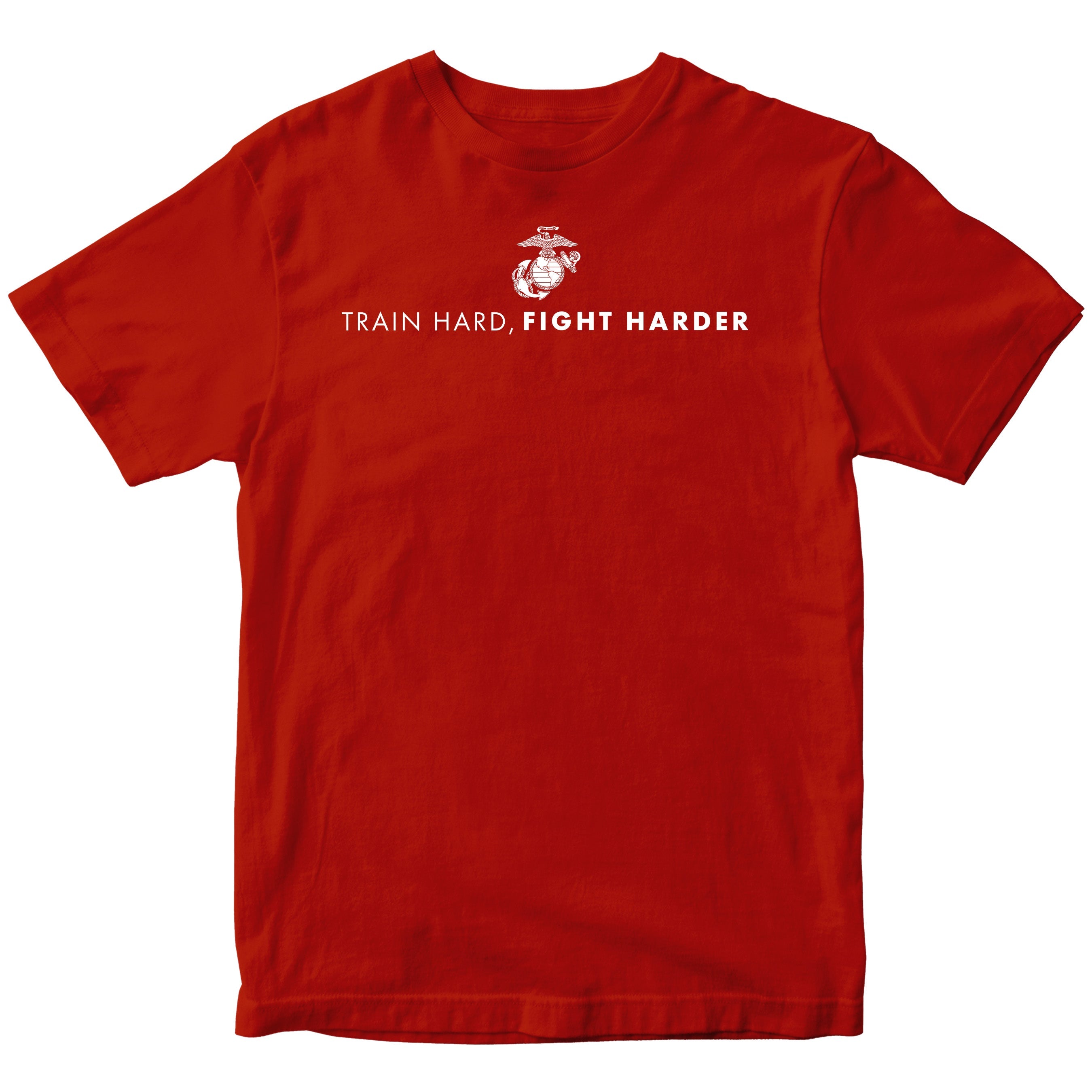 Red USMC t-shirt with white Eagle, Globe, and Anchor emblem and bold military quote 'Train Hard, Fight Harder' on chest, Marine Corps motivational workout shirt.