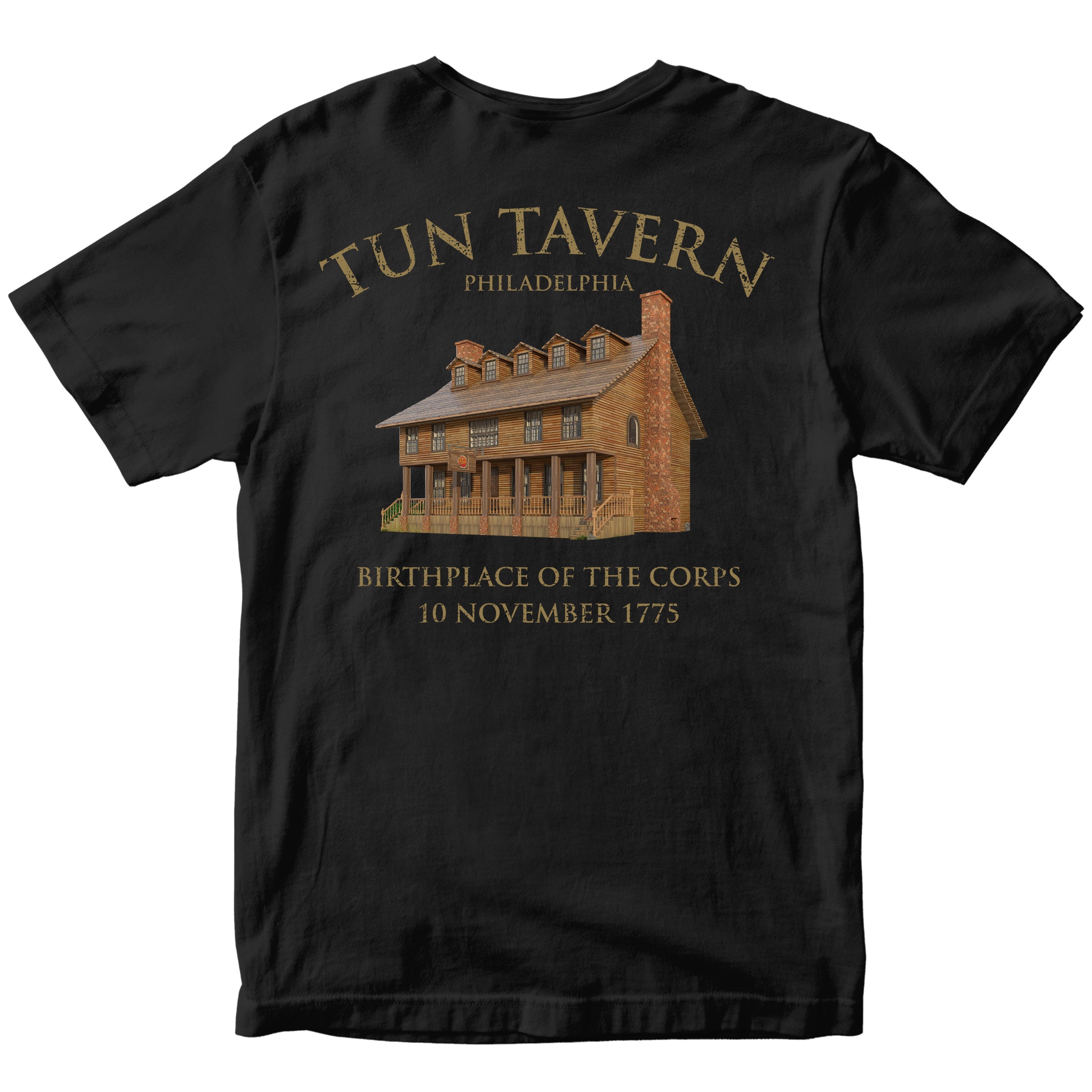 Black USMC T-shirt with back illustration of Tun Tavern with text Birthplace of the Corps – 10 November 1775.