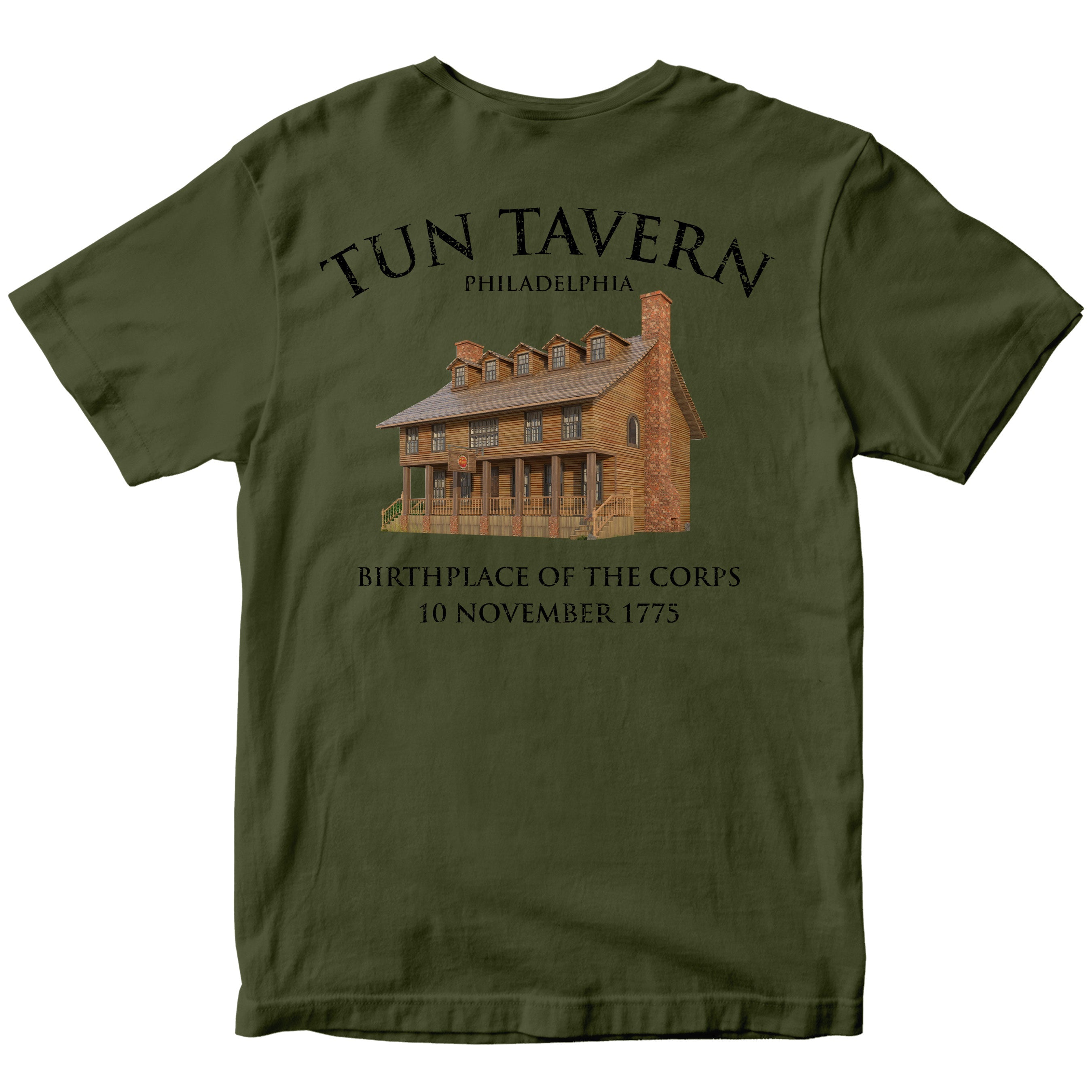 Green USMC T-shirt with back illustration of Tun Tavern with text Birthplace of the Corps – 10 November 1775.