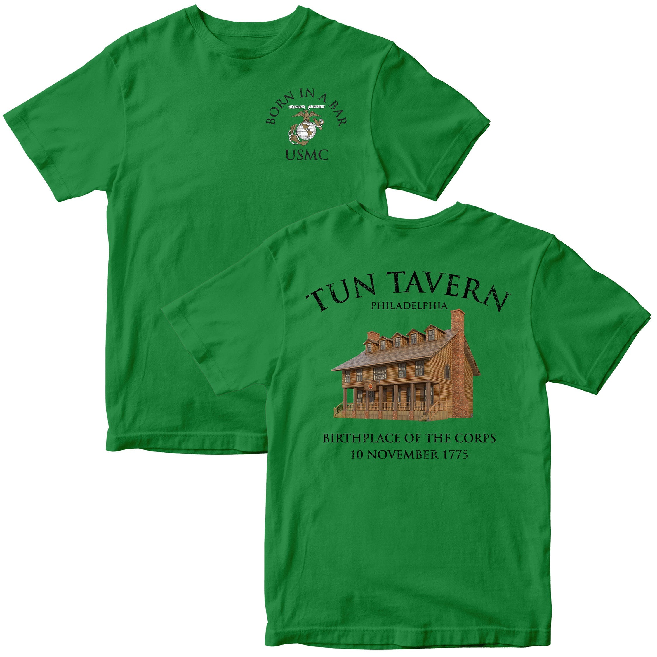 Marines Tun Tavern St. Patrick’s Day T-shirt with Tun Tavern illustration and Birthplace of the Corps text. USMC Green St. Patrick's Day Tee