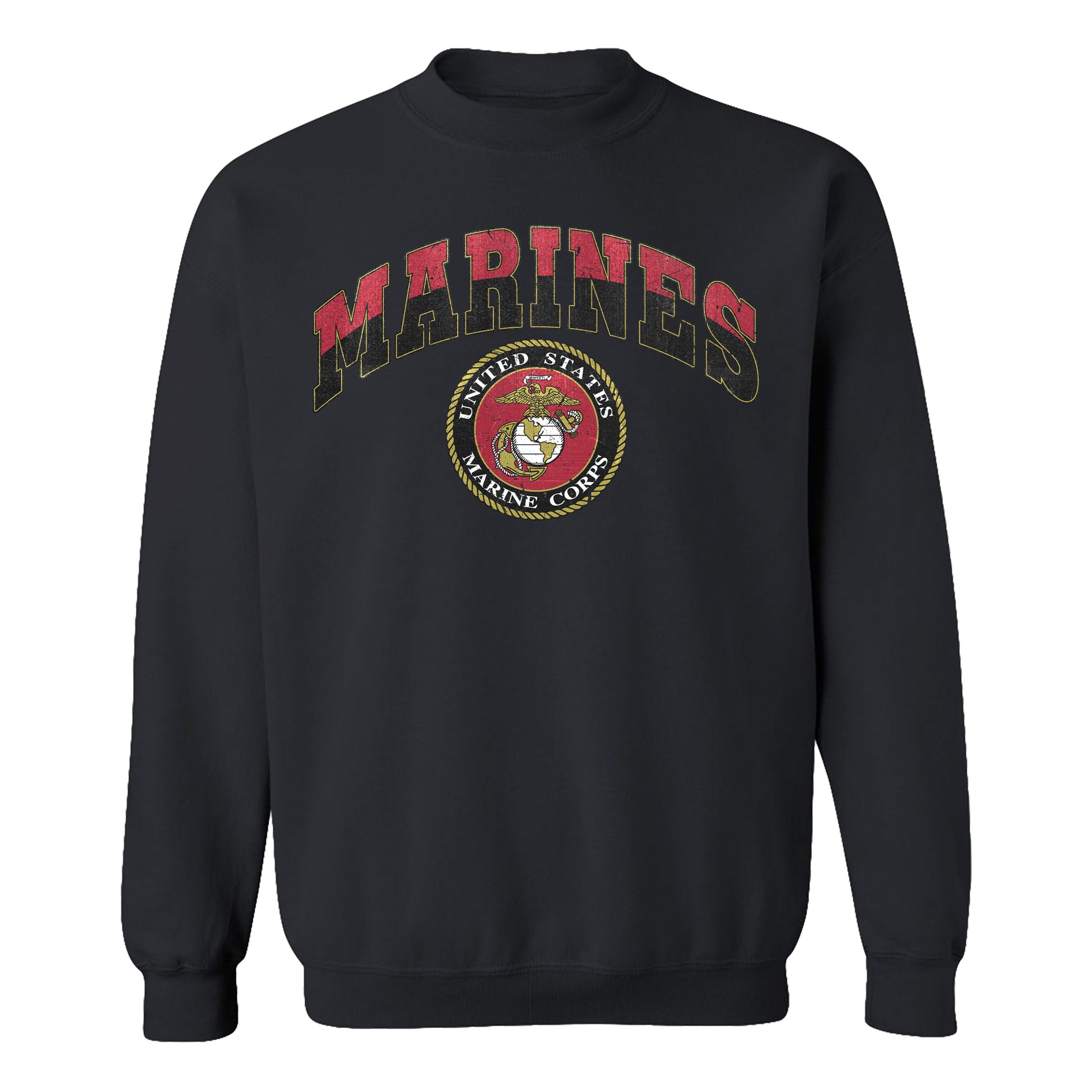 black USMC sweatshirt with vintage red and gold 'MARINES' text and full-color United States Marine Corps seal, patriotic military hoodie for Marines