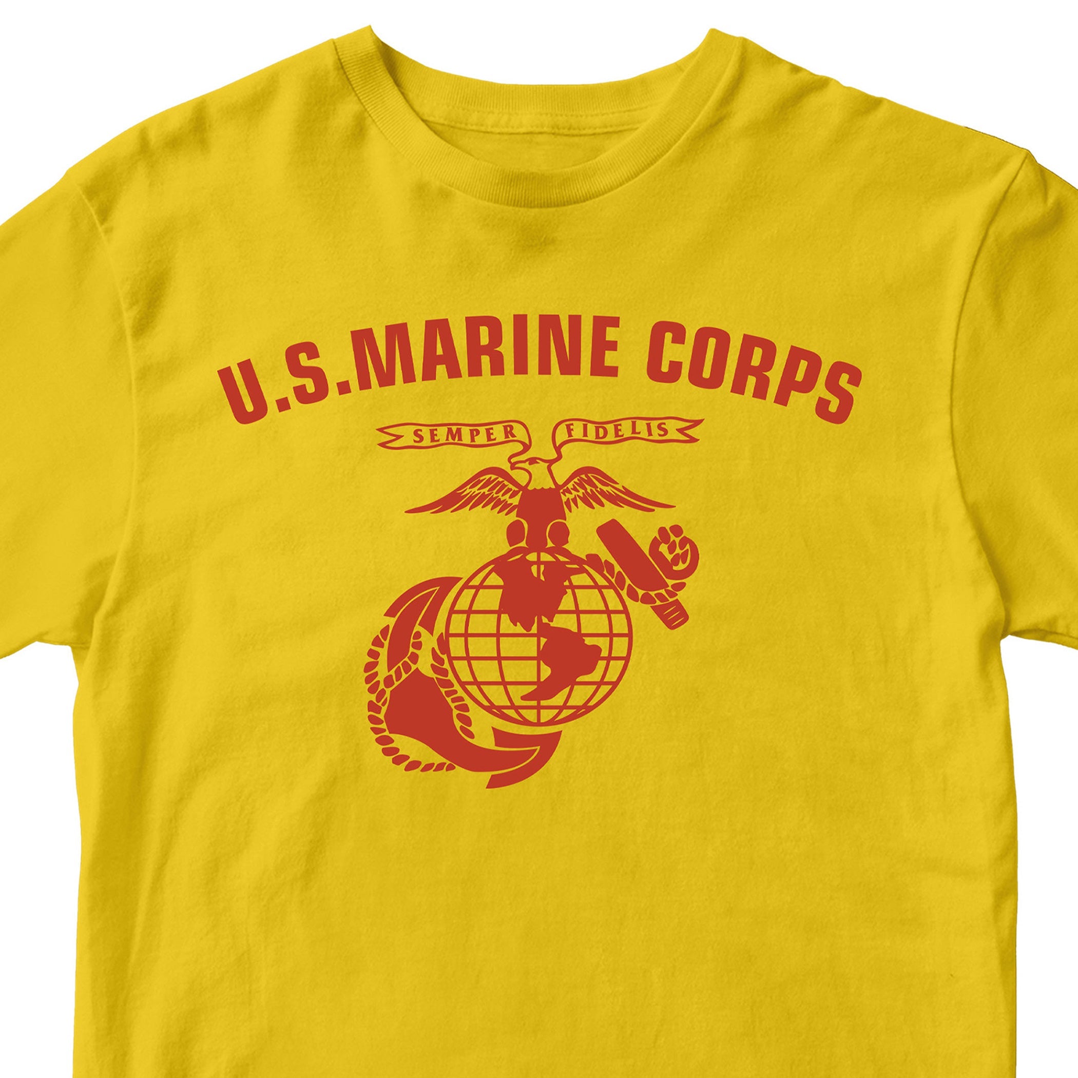 Gold & Red U.S. Marines T-shirt with large full-front ‘U.S. Marine Corps’ arch and Eagle, Globe, and Anchor emblem. USMC Tee