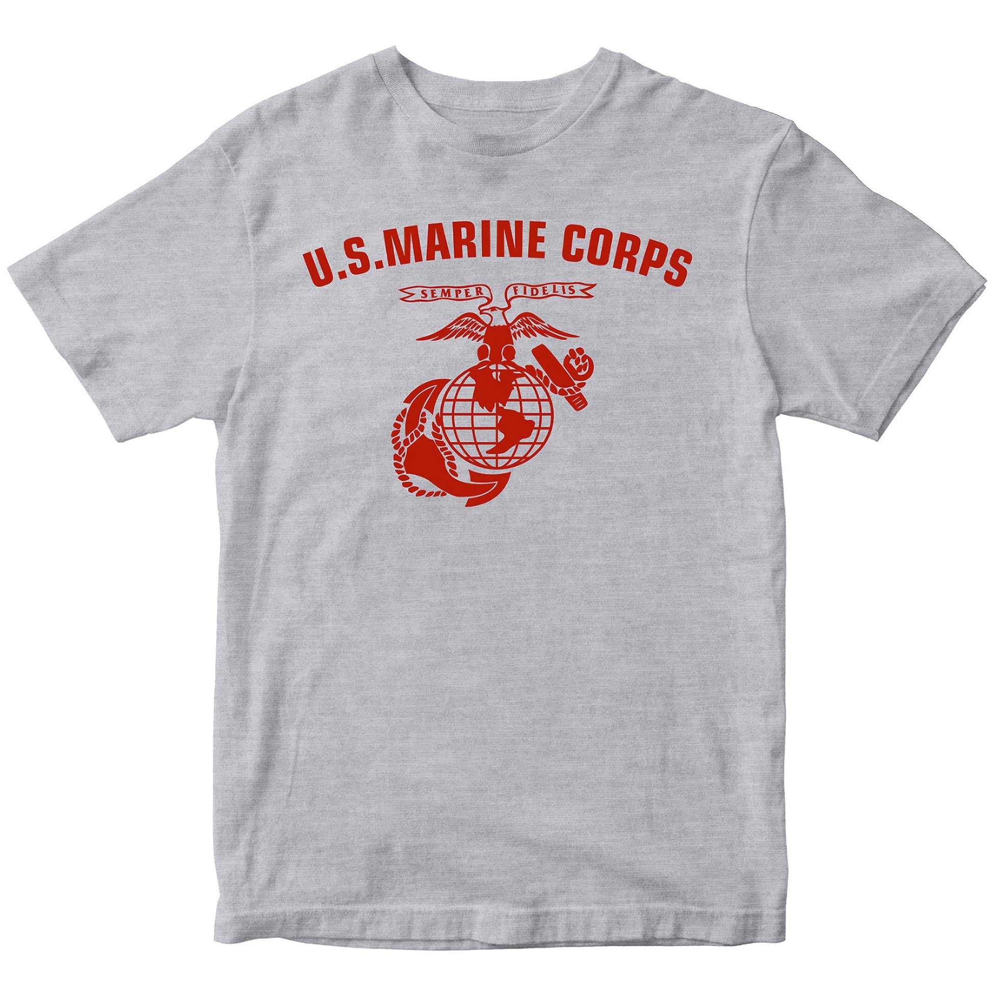 Grey U.S. Marines T-shirt with large full-front ‘U.S. Marine Corps’ arch and Eagle, Globe, and Anchor emblem. USMC Tee