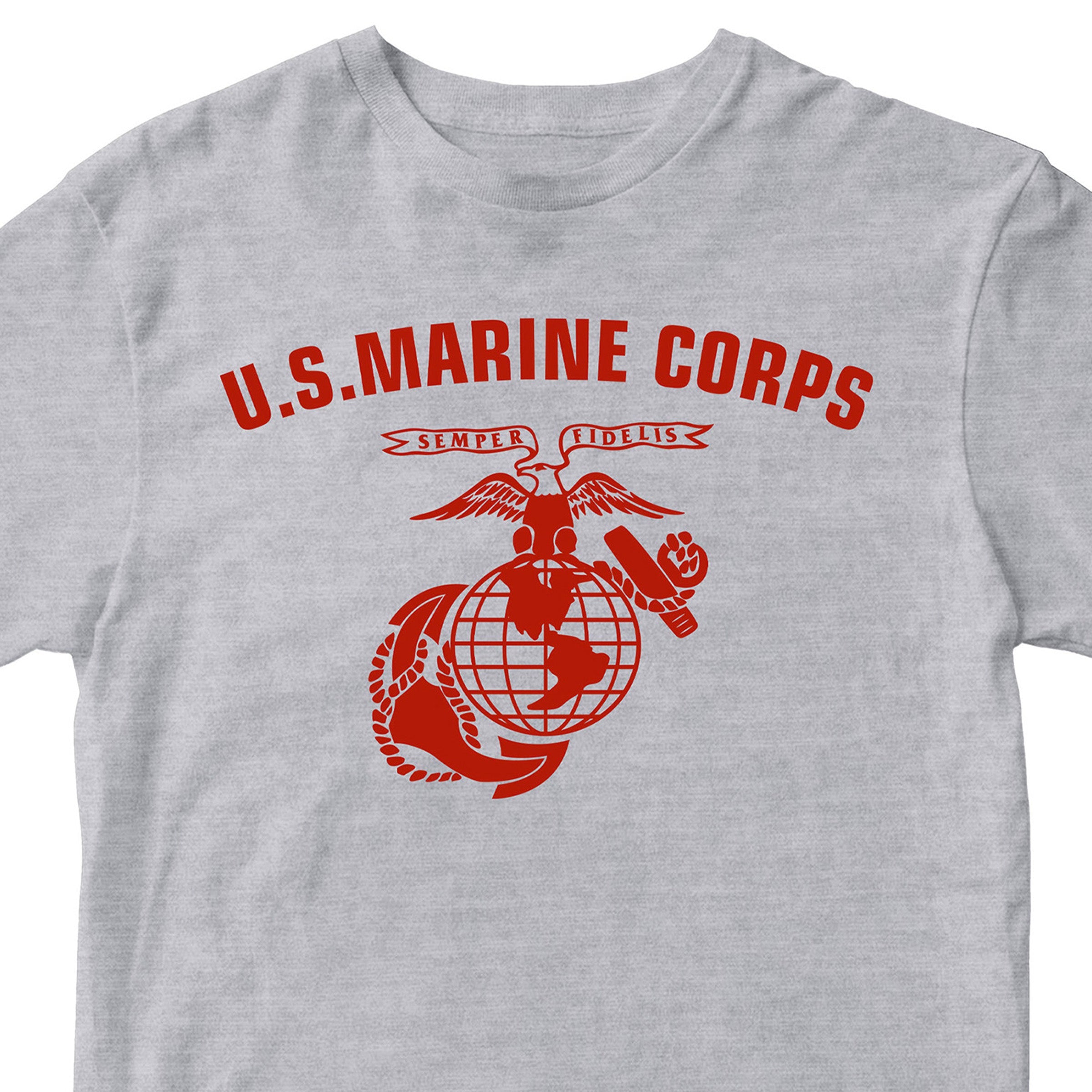 Grey U.S. Marines T-shirt with large full-front ‘U.S. Marine Corps’ arch and Eagle, Globe, and Anchor emblem. USMC Tee