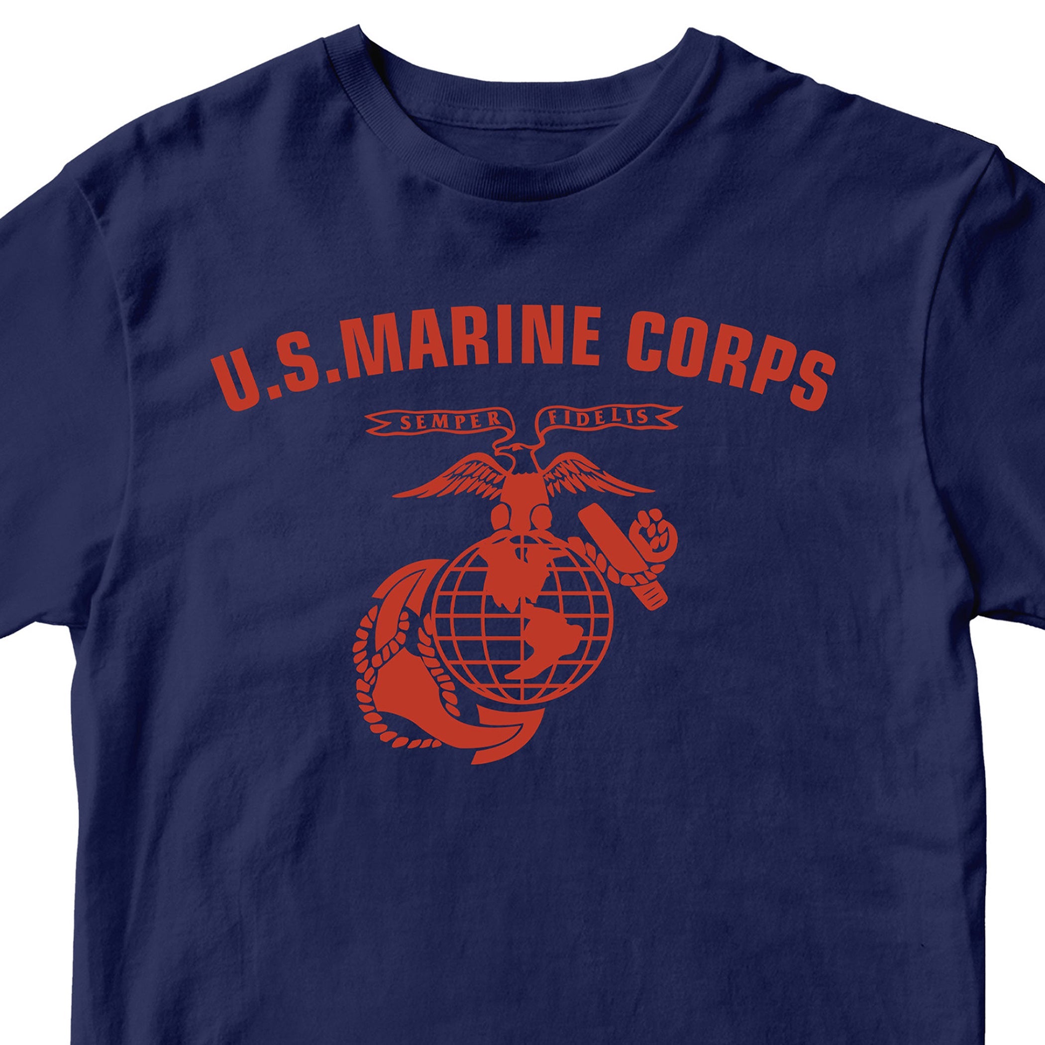 Navy & Red U.S. Marines T-shirt with large full-front ‘U.S. Marine Corps’ arch and Eagle, Globe, and Anchor emblem. USMC Tee