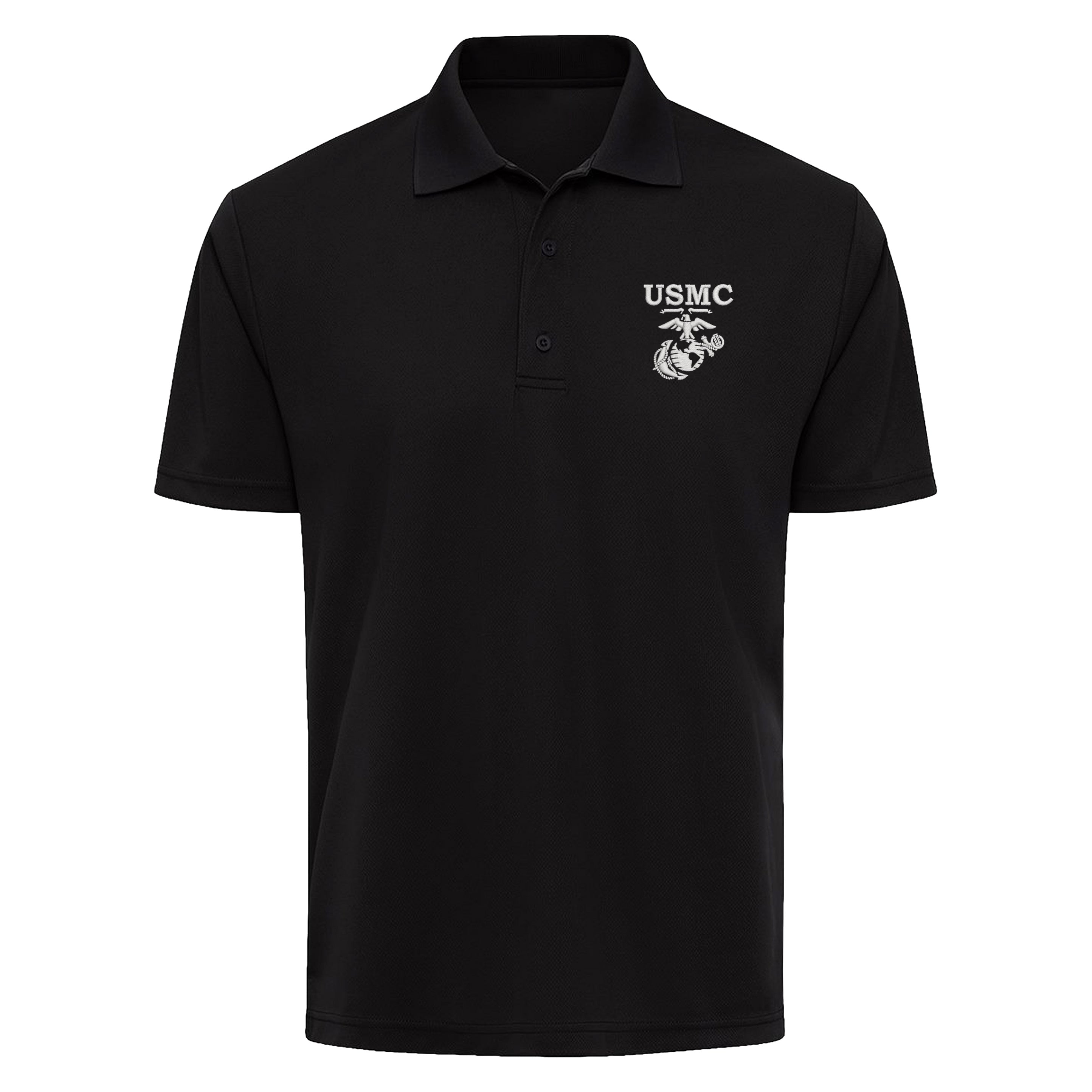 Black USMC performance polo with embroidered white USMC lettering and an old-school Eagle, Globe & Anchor on the left chest. Marines Polo