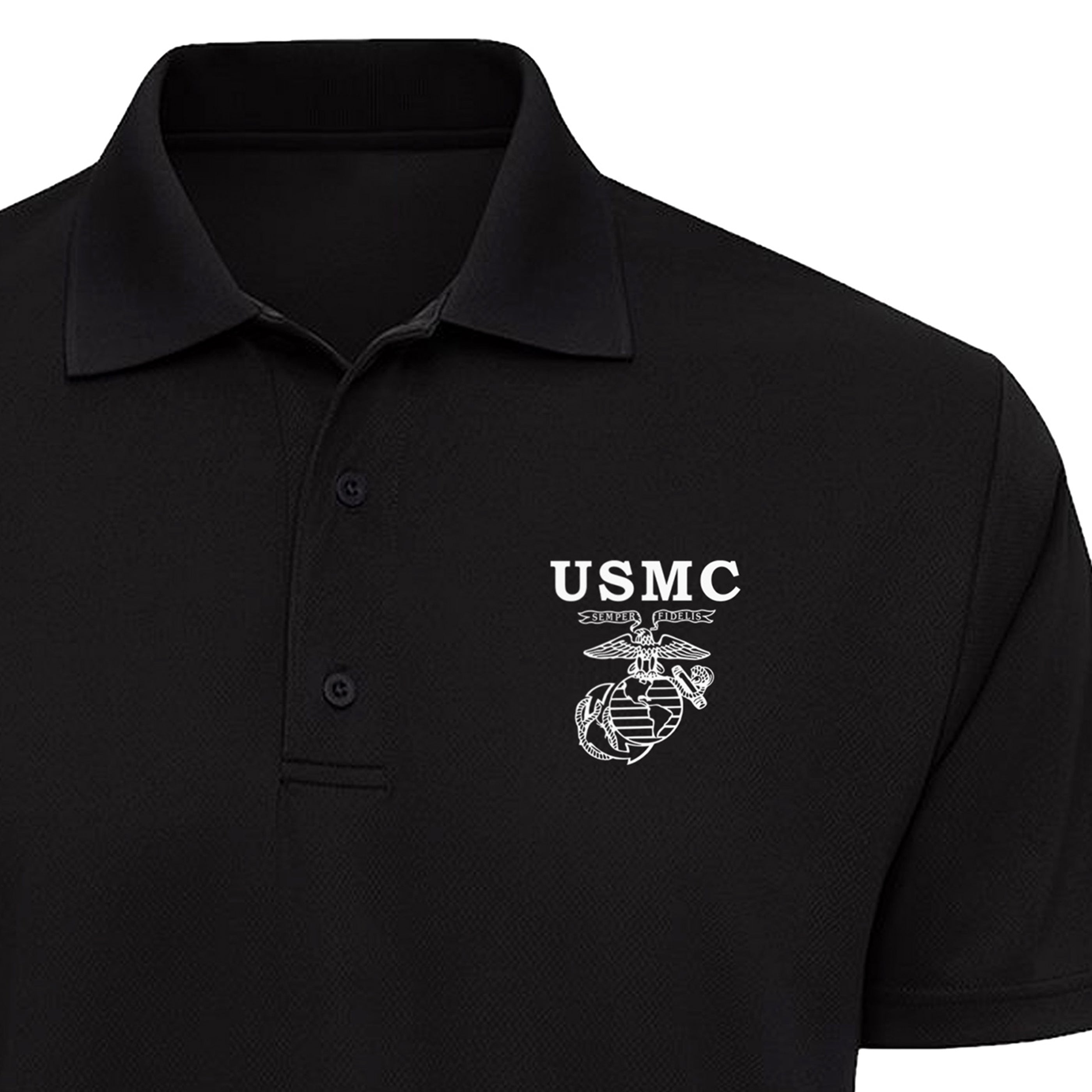 Black USMC performance polo with white USMC lettering and an old-school Eagle, Globe & Anchor left-chest print. Marines Polo