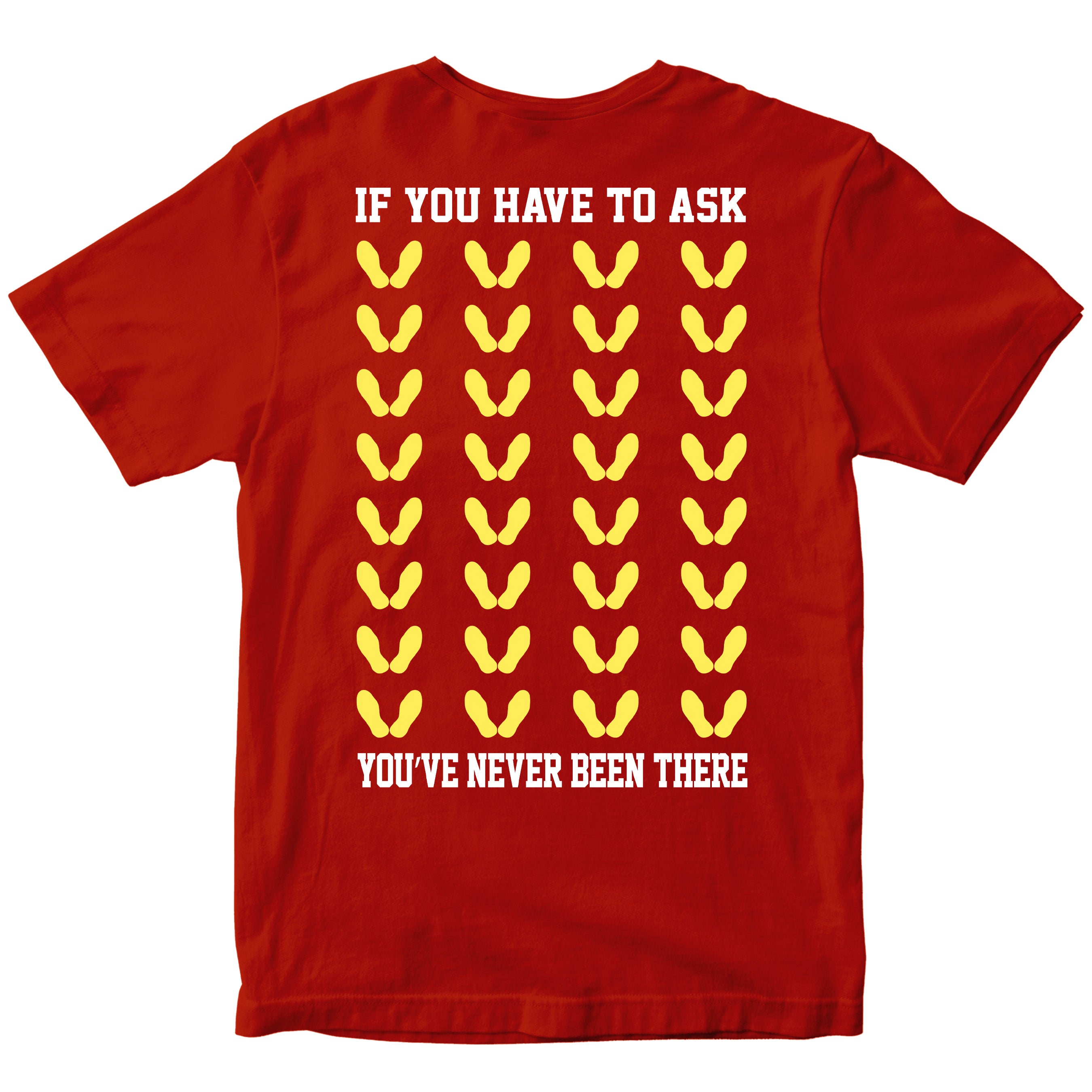 Red Marine Corps t-shirt with yellow boot camp footprints with bold text on the back.